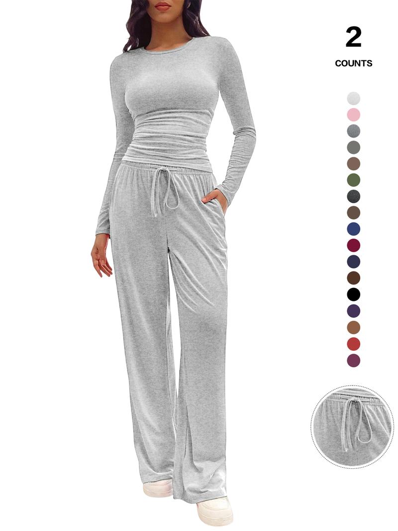 Women's Fitted Two-Piece Lounge Set, Ruched Tee & Drawstring Pocket Pants with Organic Fabric, Casual Daily Wear