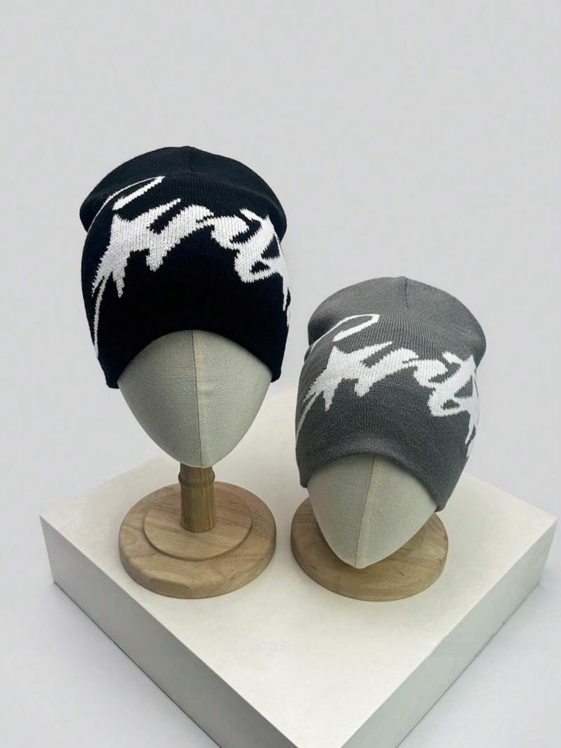 1pc Unisex American Hip Hop Streetwear Jacquard Knitted Beanie Fitted Hat, Warm & For Autumn/Winter Fall Outfit