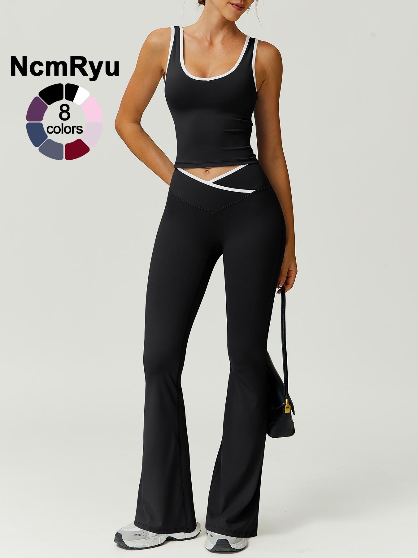 Two-Piece Set Women's Patchwork High Elastic Soft U-Neck Wide Shoulder Strap Vest Cross Waist Top Hip Flared Pants Yoga Clothes Four Seasons Running Gym sports training all-match vest, Workout Running Outfits, Activewear Set, Athleisure Sportswear Set