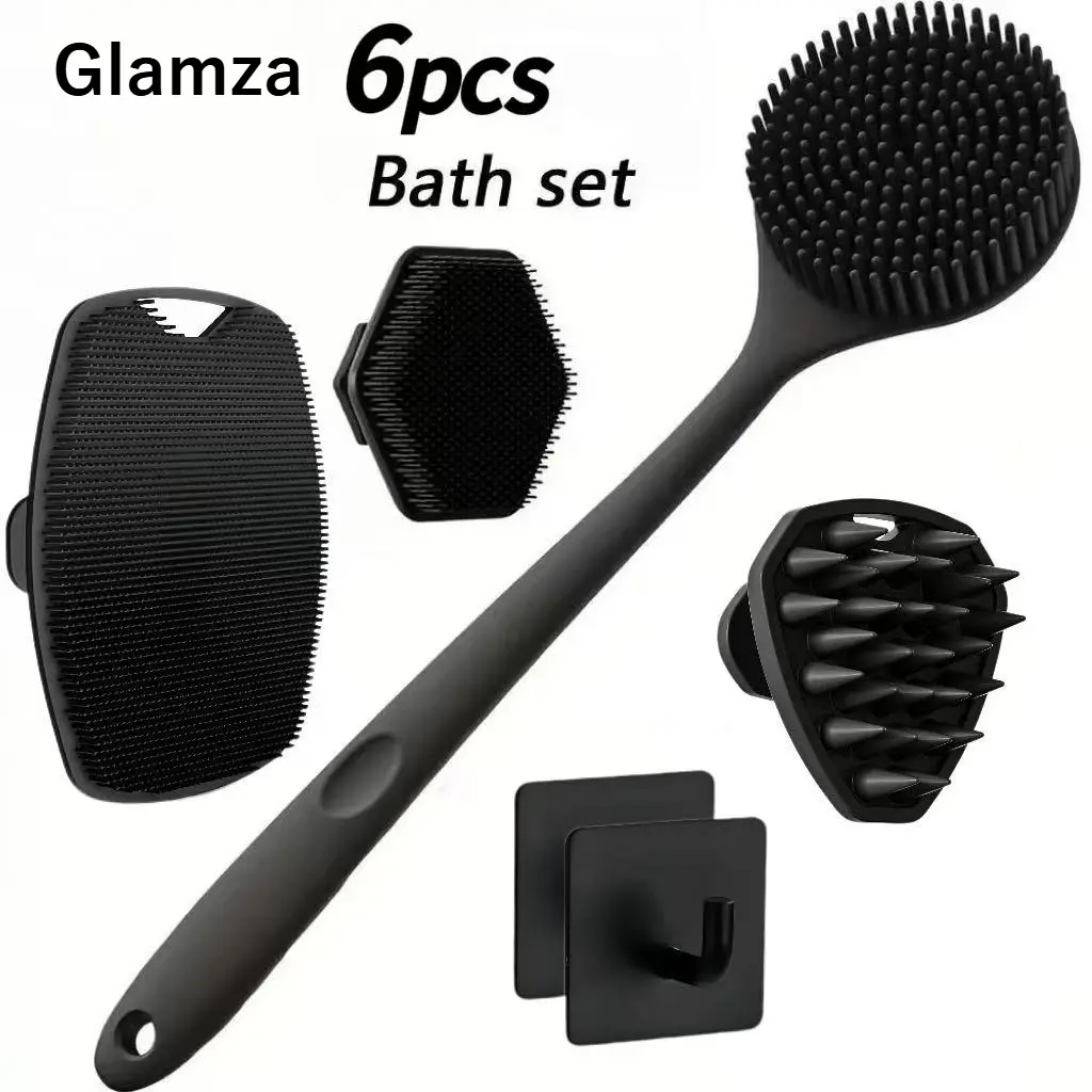 Soft Silicone Bristle Functional Body Brush Set - Hanging Back Scrubber, Hairbrush, Facial Cleansing Tool for Normal Skin Gentle Exfoliation Foaming Bath Accessories Easy Reach Relaxation