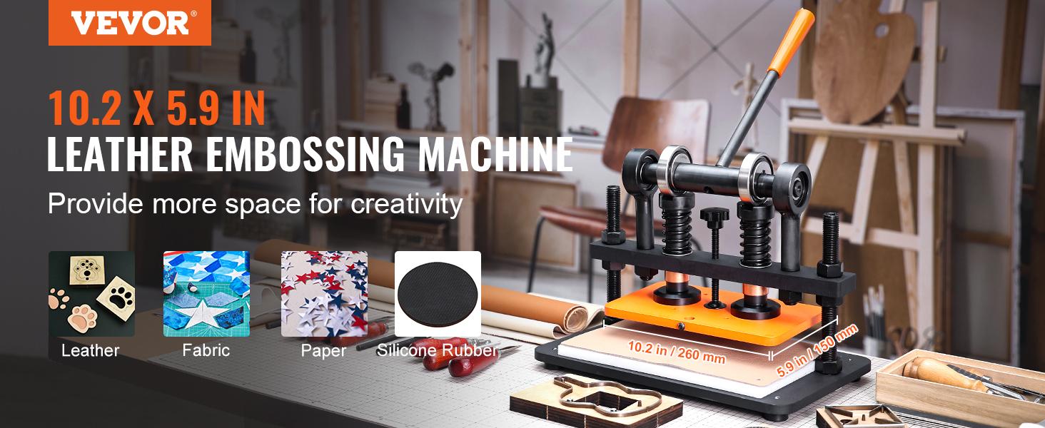 VEVOR Leather Cutting Machine, 10.2x 5.9 in Embossing Plate Manual Die Cutter, 0.47 in Pressure Stroke Dual Guide Shafts Die Cut Machine, Leather Embossing Machine for Various of Materials