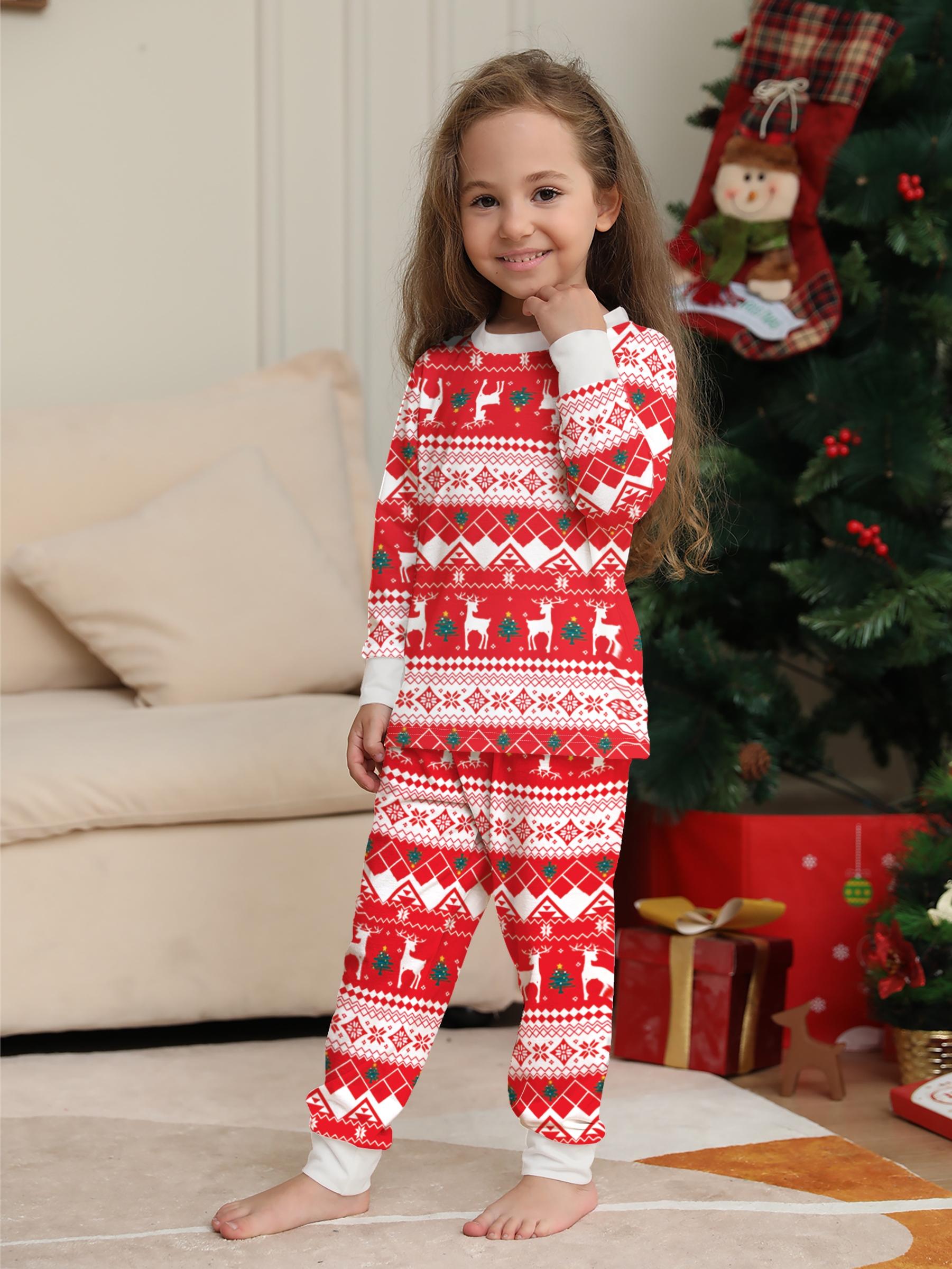 Red White Fair Isle Reindeer Snowflake Matching Family Christmas Pajama Set, All Over Print Crew Neck Long Sleeve Sleepwear with Cream Cuffs, Soft Cuffed Loungewear for Adults Kids Couple, Xmas Family Matching Outfits for Family of 3 & 4