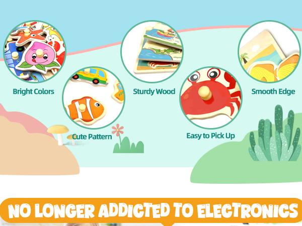 edutree 6pcs Wooden Peg Puzzles for Toddlers 1 2 3 4, 6 Pack Educational Peg Puzzles Montessori Toys, Learning Puzzles for Kids Girs Boys with Alphabet Number Animal Vehicle Shape, Halloween gift