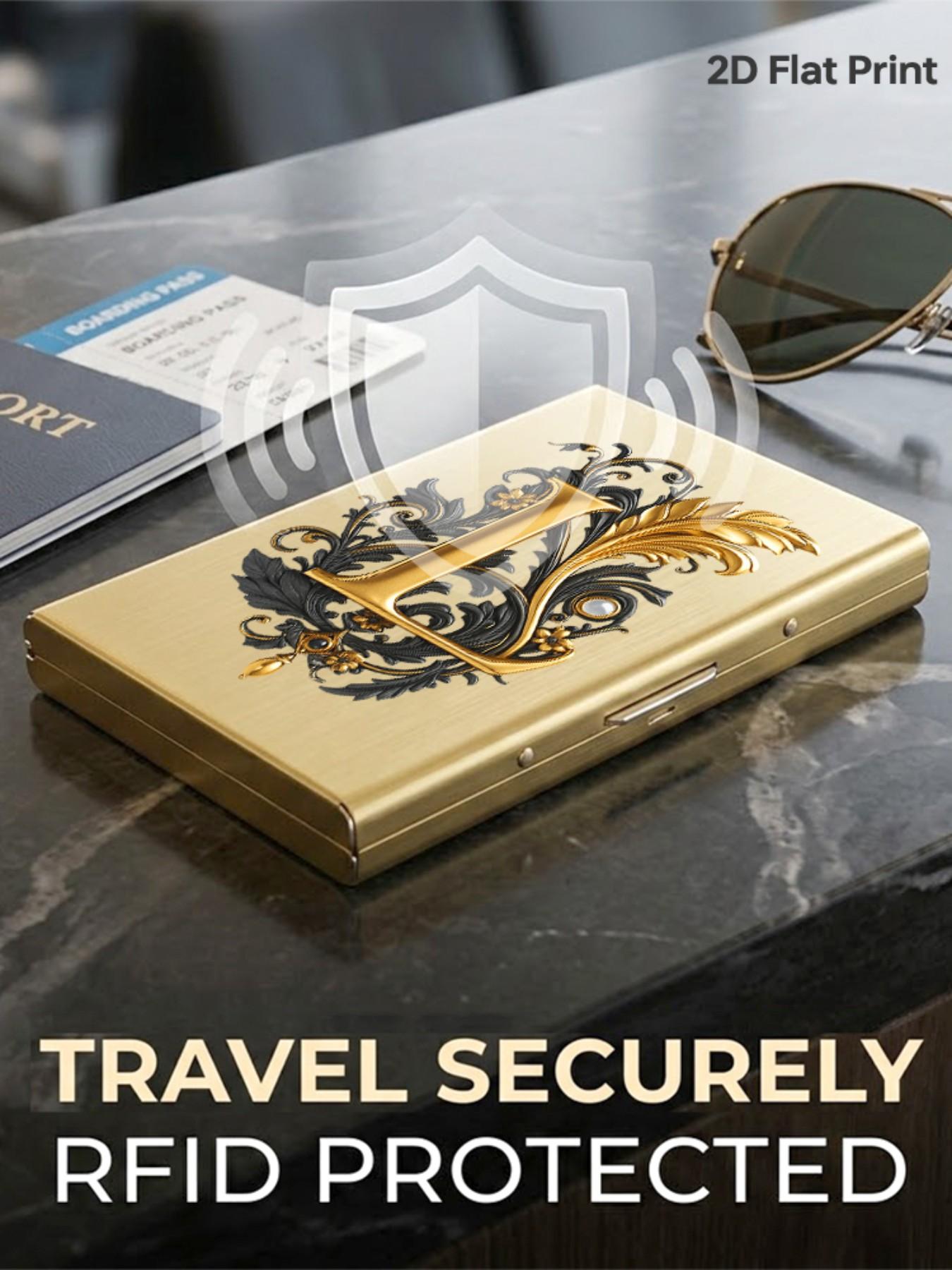 Luxury Gold Baroque Letter L Print Rfid Metal Card Holder, Card Slot, Multi-Layer Stainless Steel, Ultra-Thin Magnetic Closure, Perfect Gift