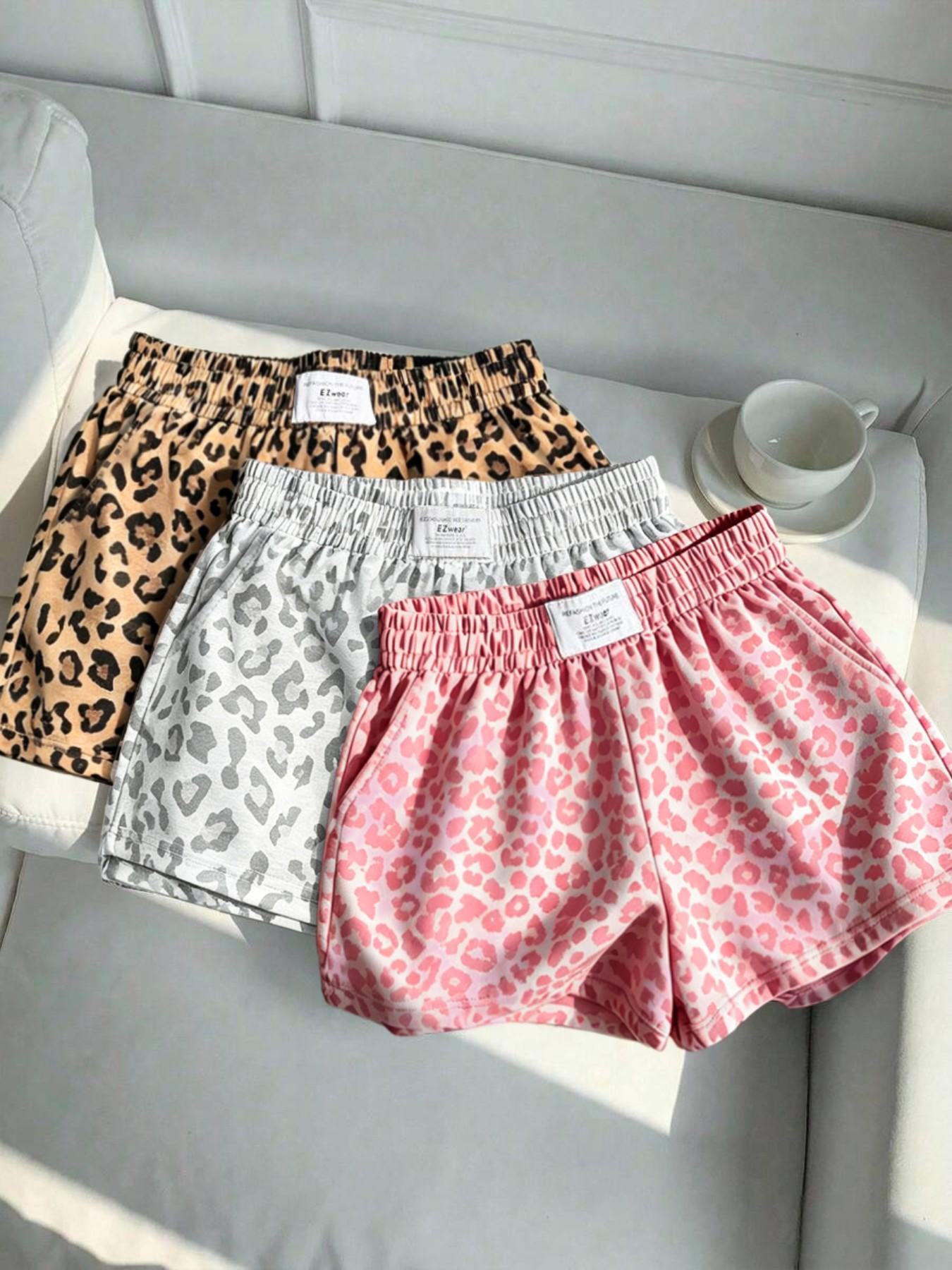 3-Pack Vintage Leopard Print Elastic Waist Casual Shorts for Women, Letter Waist Label Design, Y2K Style Sporty Outerwear Slimming Shorts