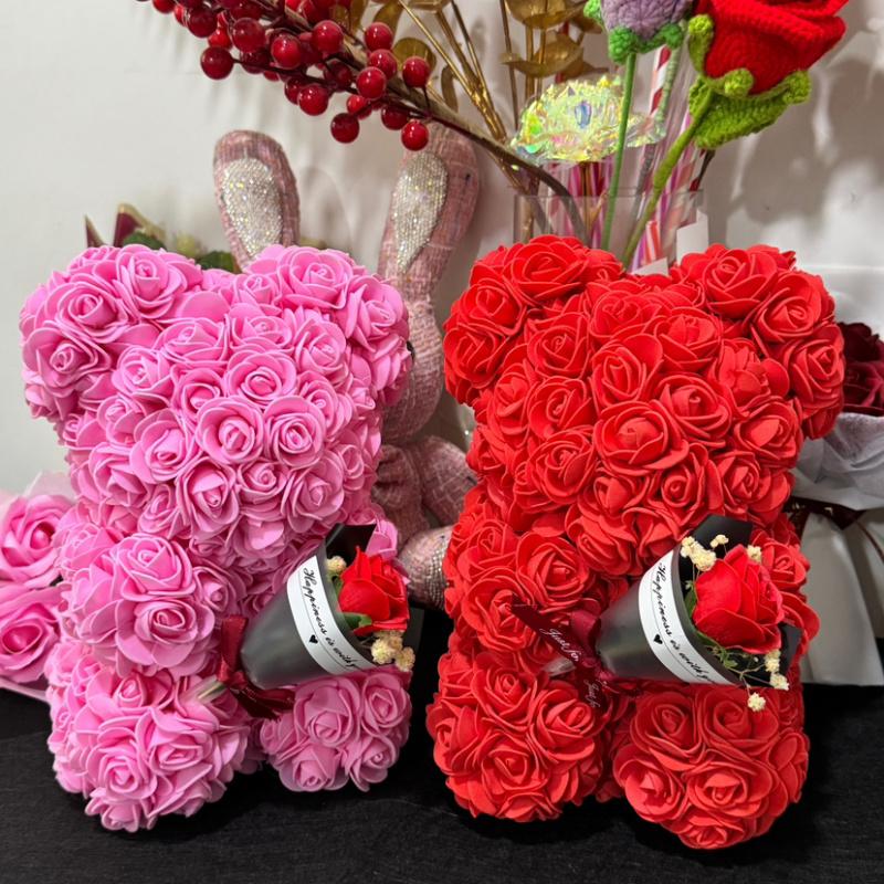 Rose Bear Gifts for Women-Best Gift for Valentine's Day,Mother's Day,Christmas,Birthday,Handmade Artificial Rose Teddy Bear Gifts for Girlfriend,Mom, and Daughters, Artificial Roses Bouquet with Bear Shaped Design,Surprise Clear Gift Box