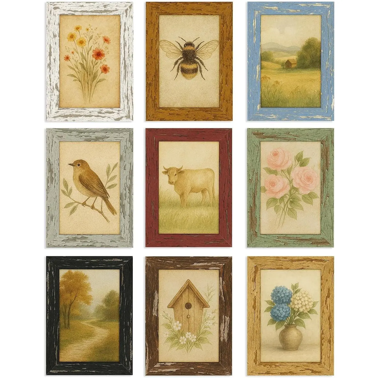 4x6 Rustic Farmhouse Picture Frames with Vintage Prints, Set of 9 - Distressed MDF Wood-Look Frames in Assorted Colors with Acrylic Fronts for Gallery Walls, Shelves, Desks, or TabletopsGift