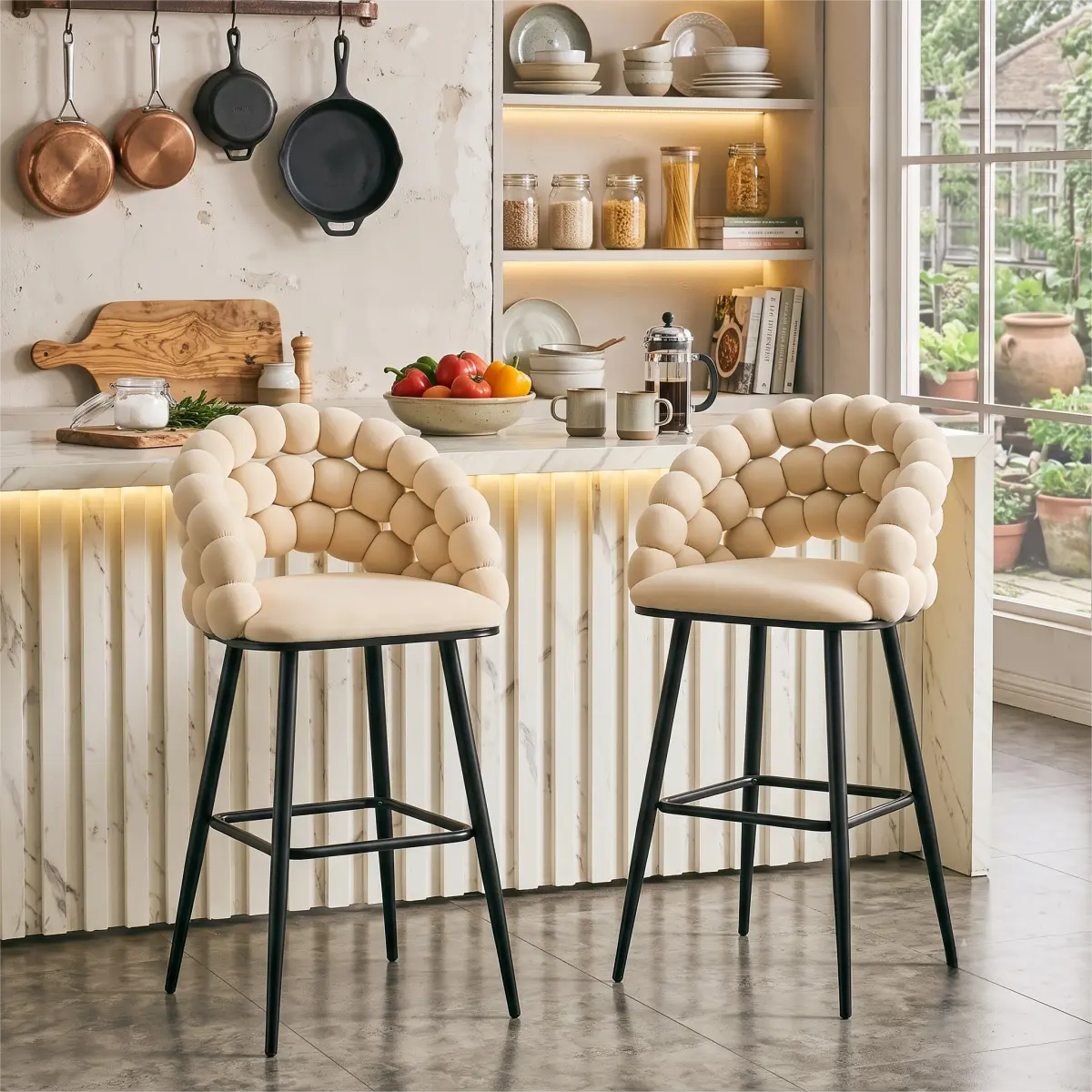 Bubble Counter Height Bar Stools Set of 2, Modern Beige Velvet Cloud Bubble Back Bar Chairs with Matte Black Metal Legs, Upholstered Padded Breakfast Stools for Kitchen Island Home Bar