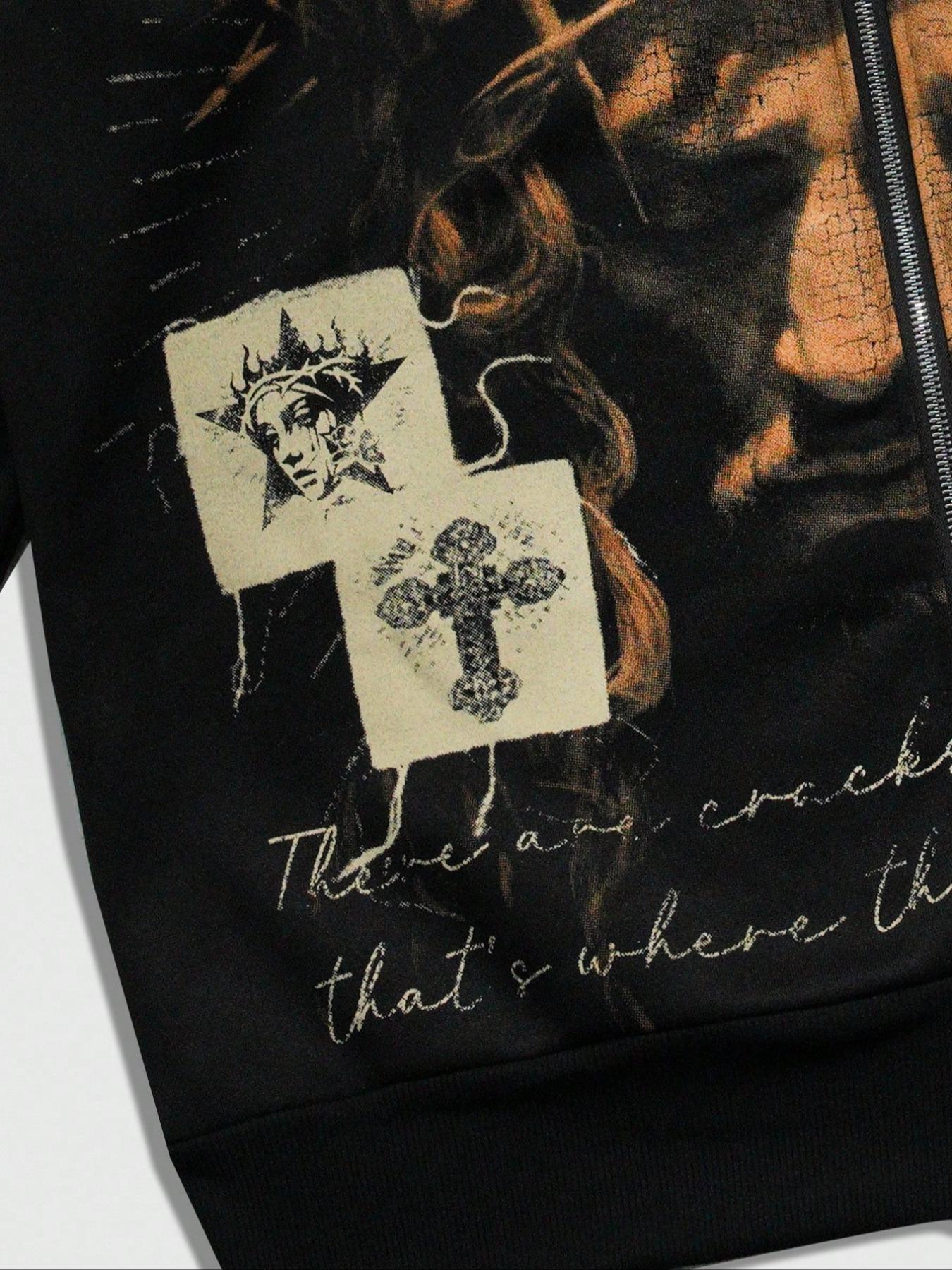 Men's Street Life Men's street style graphic lettering and religious figure Jesus print zip-up hoodie for fall and winter