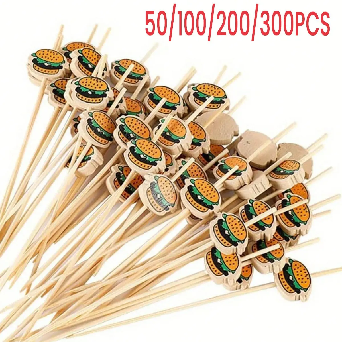 Bamboo Toothpicks with Burger Design, 50/100/200/300 Pack, 4.7 Inch, Perfect for Breakfast, Sandwiches, Fruits, Parties
