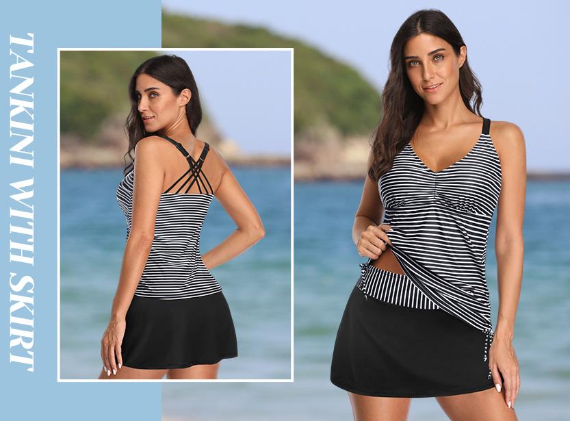 Daci Tankini Swimsuit for Women V Neck Bathing Suit Tummy Control Two Piece Swimdress Drawstring Tank Top with Skirt Bottom