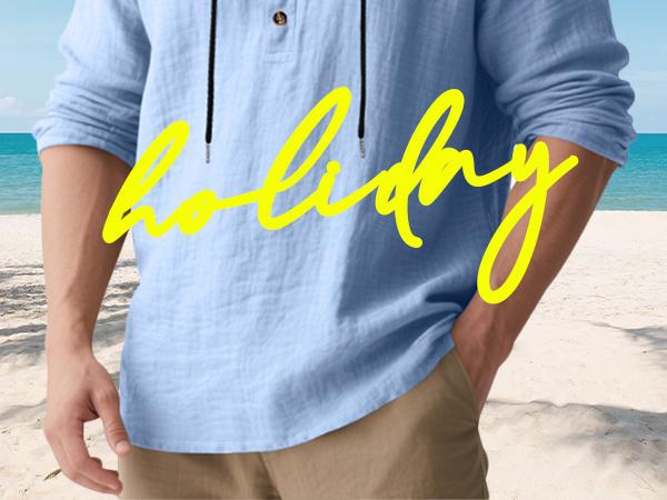 Men's Casual Long Sleeve Hooded Linen Shirt, Loose Fit Beachwear, Comfortable Breathable Spring Summer Vacation Clothing, Durable Daily Use