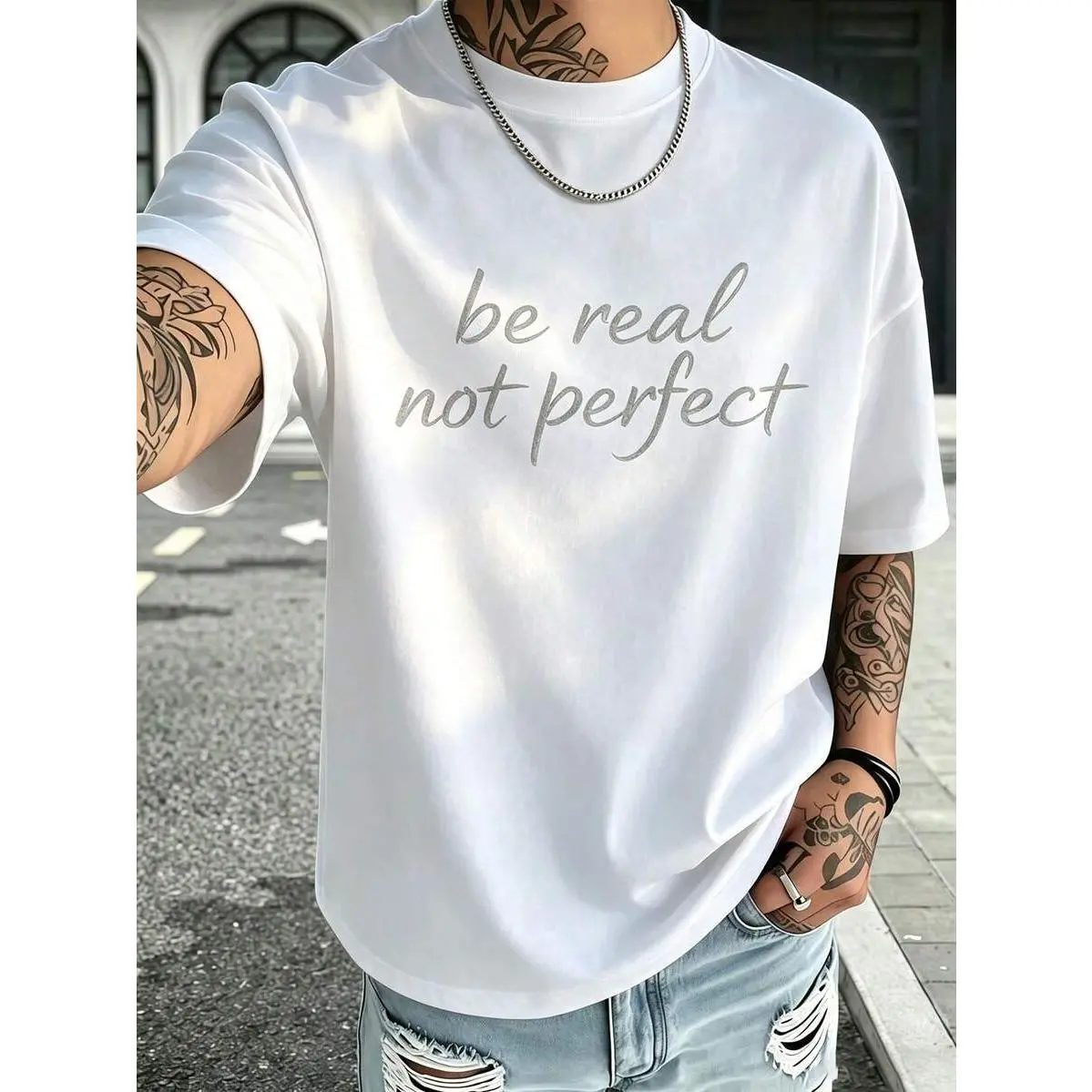 Casual Streetwear Style, Mens Clothes, Be Real Not Perfect Slogan Print, Summer Daily Wear, Gift For Boyfriend Or Son