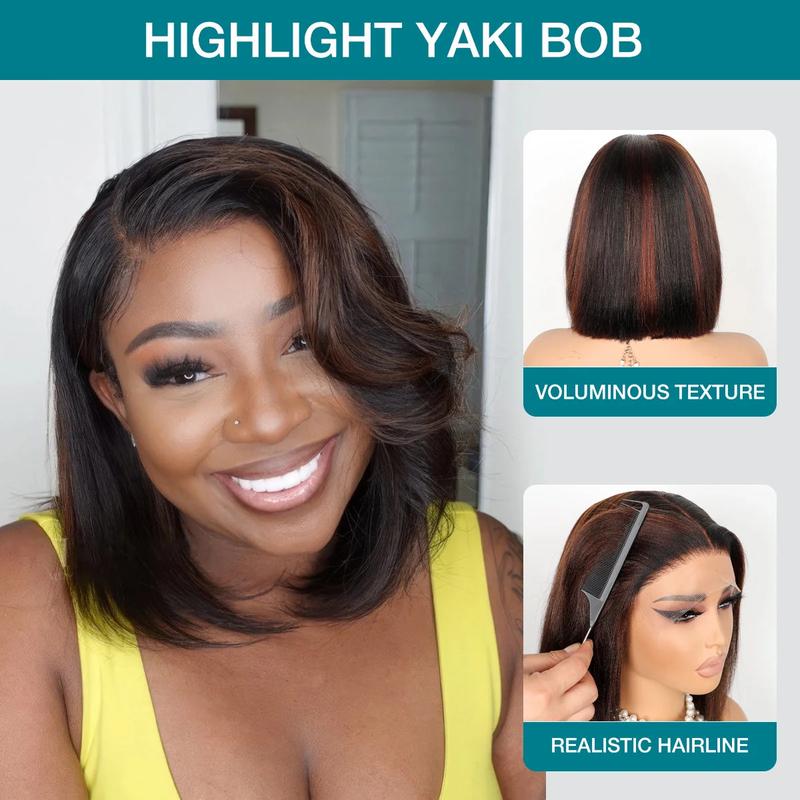 Limited Design | Put On and Go Yaki Straight Highlight Mix Color Short Bob Human Hair 4x4 Closure Wig Human Hair 180%/250% Density Pre-Cut Lace Pre Bleached Tiny Knots Glueless Wig