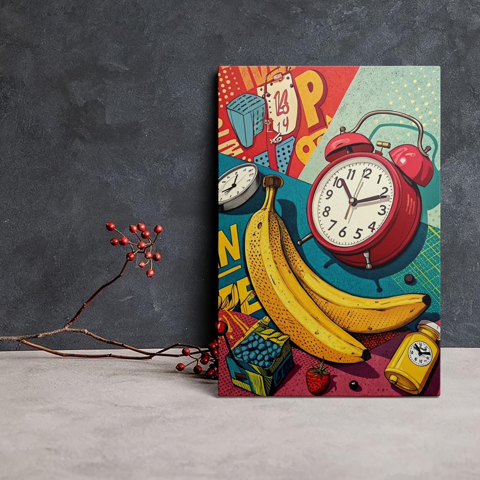 1pc Cute Banana Clock Canvas Art Print, Unframed Wall Decor for Kitchen Living Room Bedroom Office, Cartoon Style High-Quality Poster