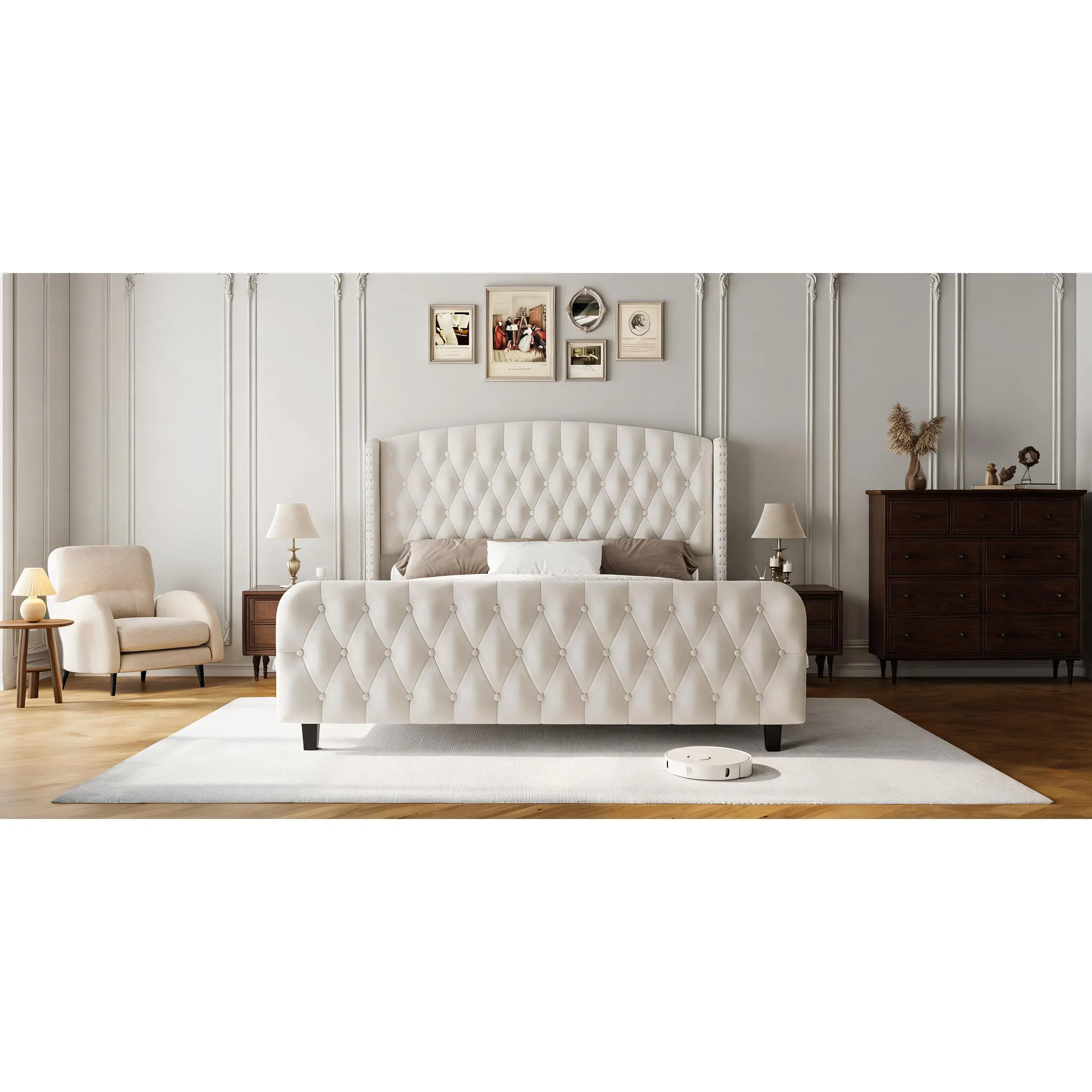 Queen Bed Frame, Velvet Upholstered Platform Bed Frame with Button Tufted and Nailhead Trim Wingback Headboard, Sturdy Wood Slats Support Bed Frame, No Box Spring Needed, Beige