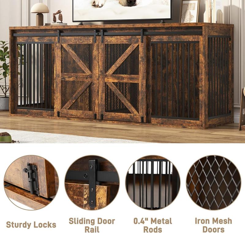 87In Farmhouse Dog Crate TV Stand, Wooden Dog Kennel Furniture with Sliding Metal Mesh Barn Door, Large Dog Crate Furniture for 2 Dogs, Solid Metal Tube & 2 Lockable Doors, White & Brown/Rustic Brown/Black