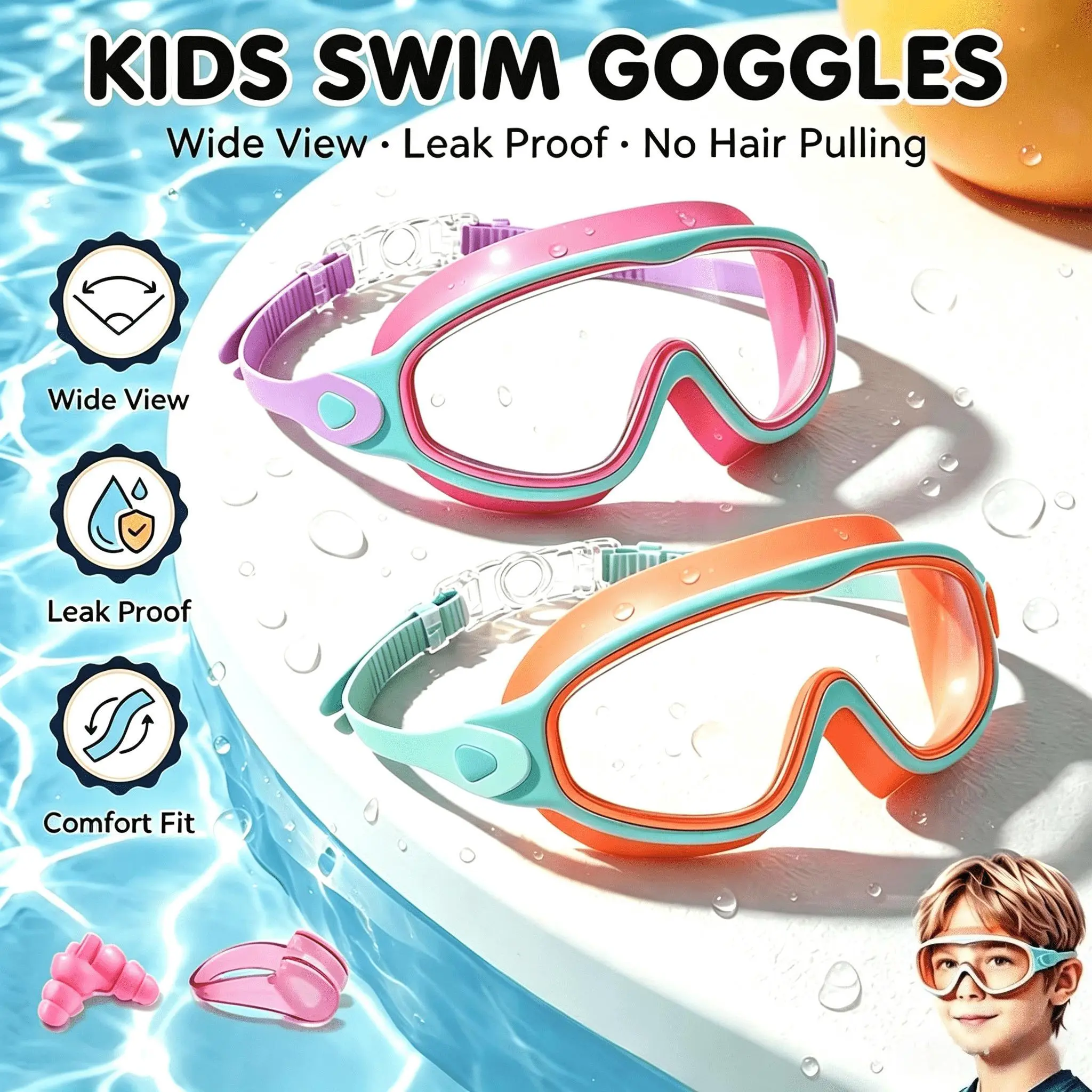 2 Pack  Swim Goggles for 3-13,, UV Protection Anti-Fog High Definition Waterproof Adjustable Goggles for Boys and Girls - Safety anti-uv swimming goggles swim glass anti-fog with Earplugs & Nose Clip,for Lake,Beach, Summer Party