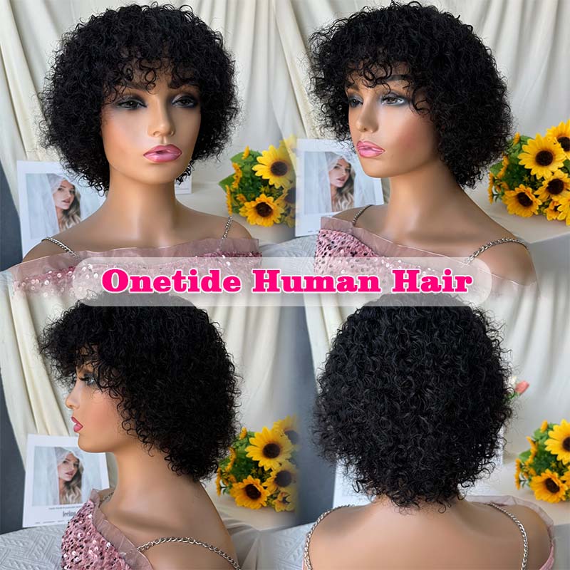 Glueless Wigs Short Curly Bob Wig with Bangs Wear To Go Short Curly Human Hair Wig for Women 180 Density Brazilian Virgin Human Hair Glueless No Lace Machine Made Wigs