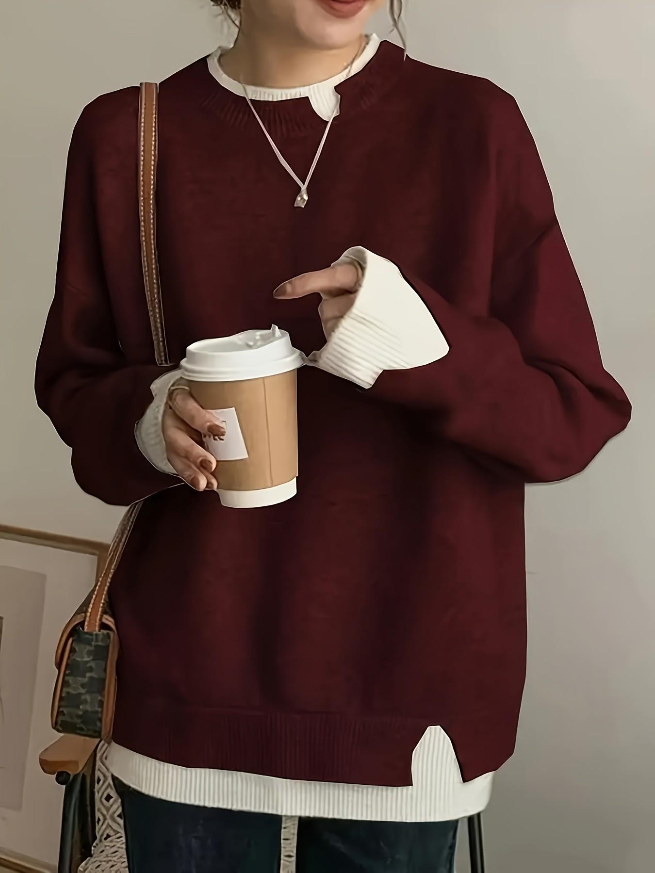 Women's Plus Size Fit Two-Piece Colorblock Long Sleeve Knit Pullover Sweater Knitwear, Elegant Casual Fashion for Spring Summer Fall Winter