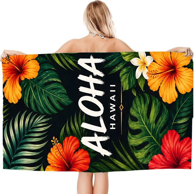 1 PC 30*60 Inch/35*72 Inch Quick Dry Polyester Digital Printed Beach Towels, Aloha Hawaii Green Palm Leaves Tropical Hawaiian Hibiscus Floral Beach Pool Towel for Adults Women Men Beach Essentials Accessories Vacation Gift, Machine Wash
