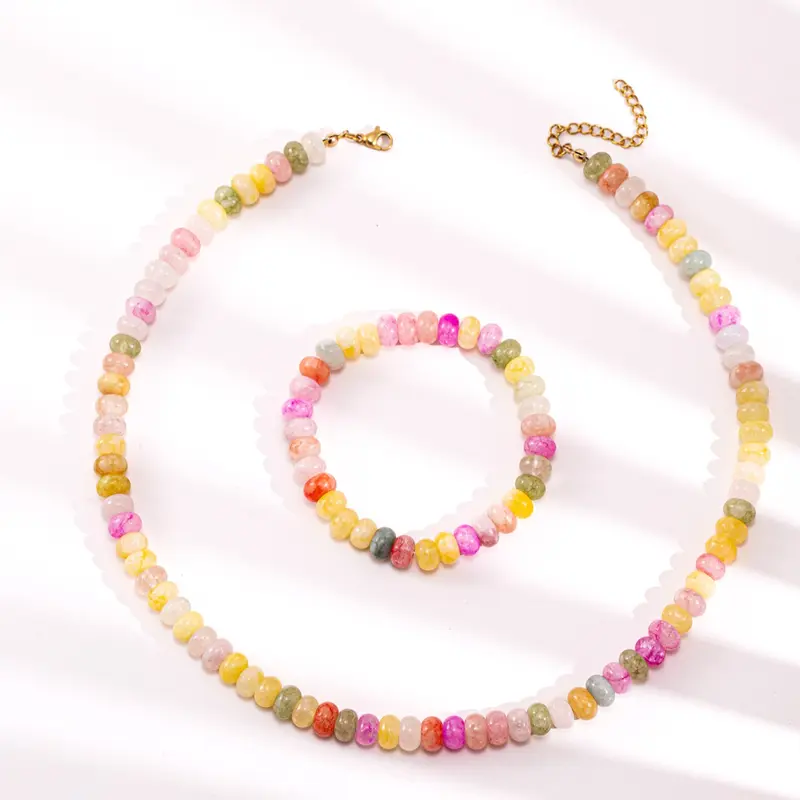 2026 Summer Boho Aesthetic Cool Colorful Playful Imitation Natural Stone Beaded Design Necklace Bracelet Set, Sweet Macaron Color Artificial Crystal Jewelry Set, Elegant Minimalist Bohemian Style Gift Ready for Women Men