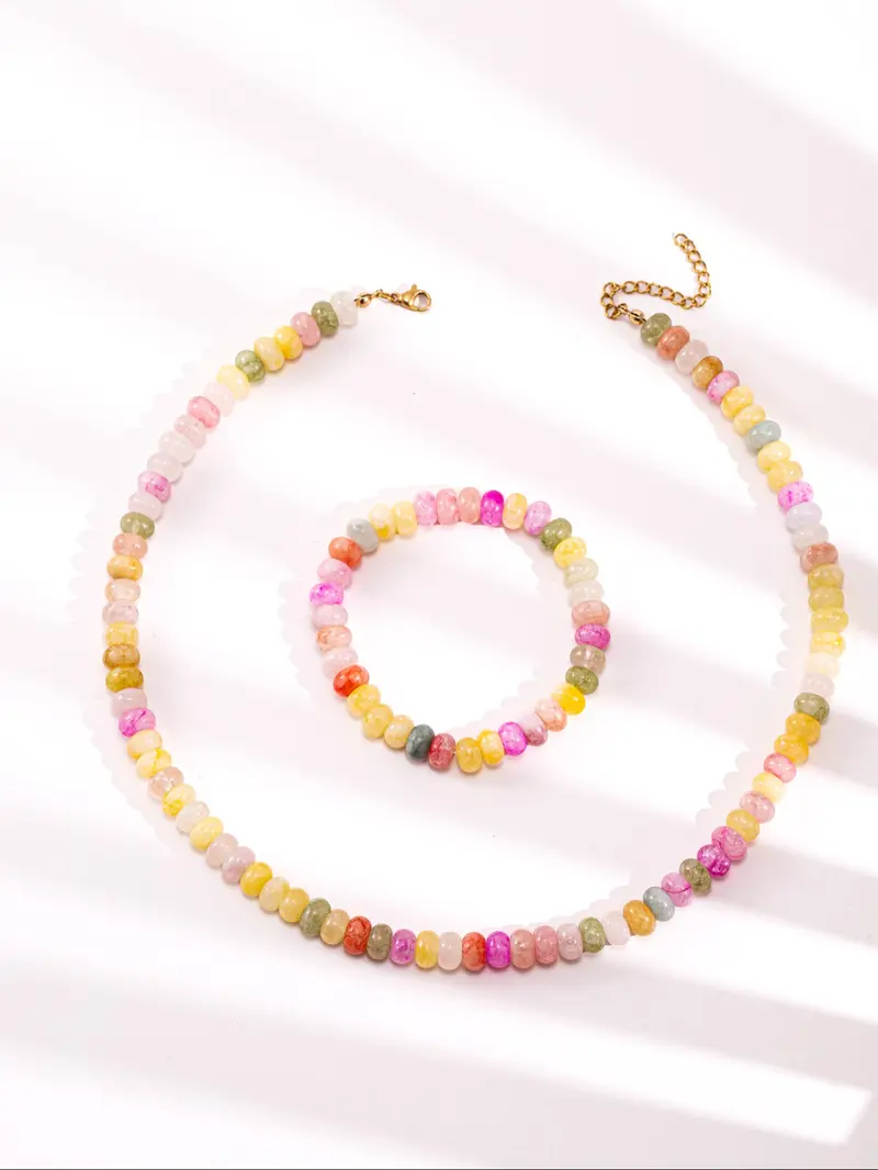 2026 Summer Boho Aesthetic Cool Colorful Playful Imitation Natural Stone Beaded Design Necklace Bracelet Set, Sweet Macaron Color Artificial Crystal Jewelry Set, Elegant Minimalist Bohemian Style Gift Ready for Women Men