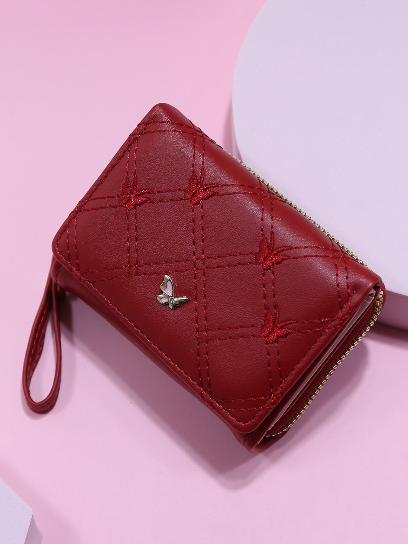 Trendy Mini Soft Leather Wallet for Women, Diamond Pattern Butterfly Metal Decoration, Multi-Card Slot ID Holder Handbag Portable Coin Purse