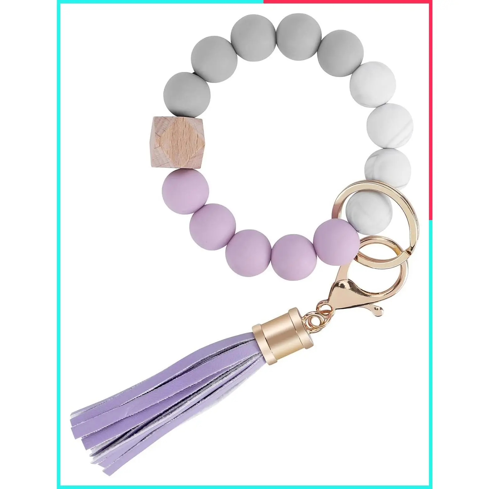 Silicone Beaded Keychain Wristlet with Tassel for Women, Food-Grade Silicone, Natural Wood & Leather Tassel, Hands-Free Wrist Keychain for Car, Purse & Gifts, Rust-Proof Clasp