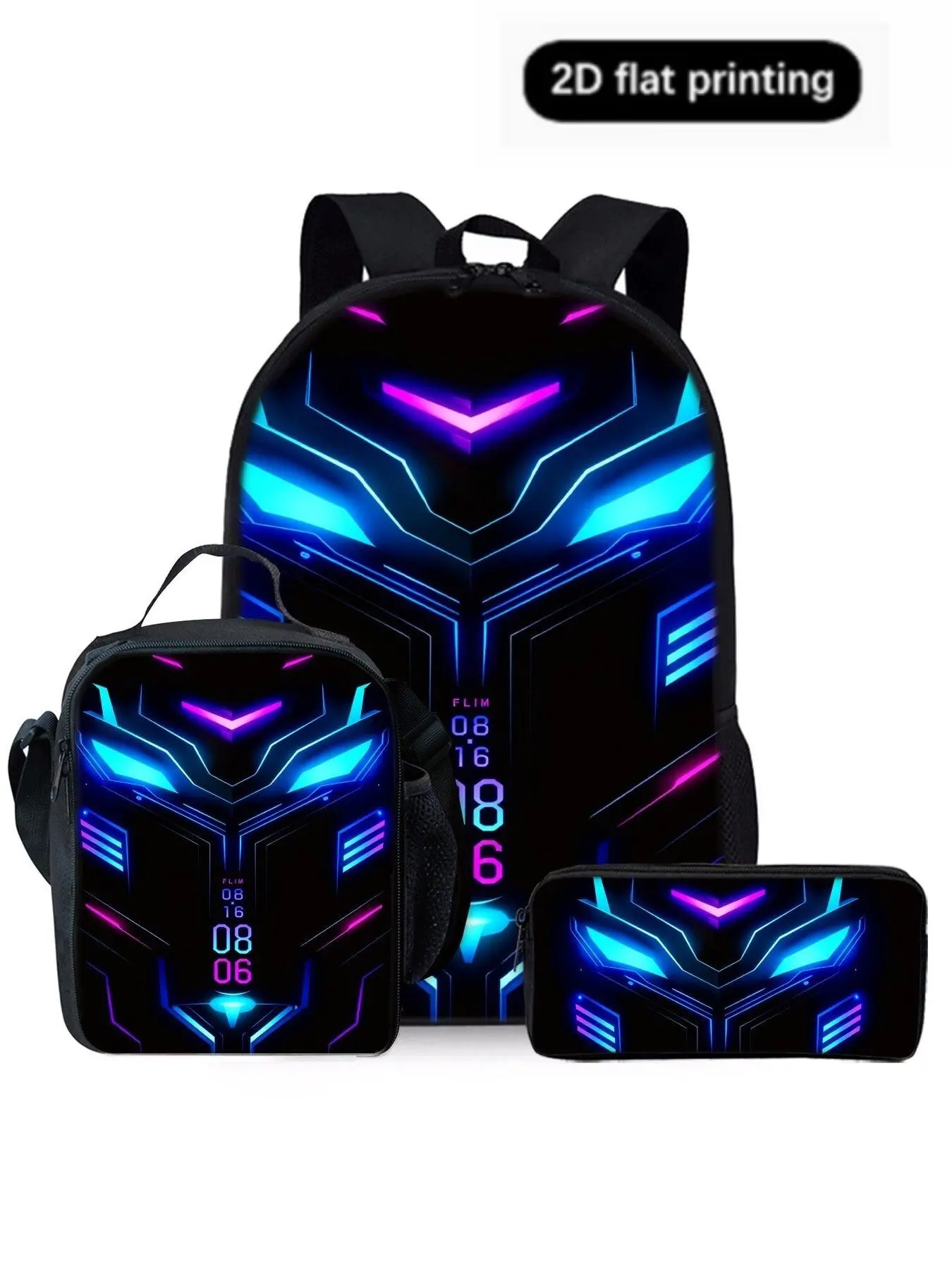 Mechanical Machine King 2D Print Backpack Set, Lunch Bag, Pencil Case, Shoulder Bag, Casual Geometric Design, All Seasons