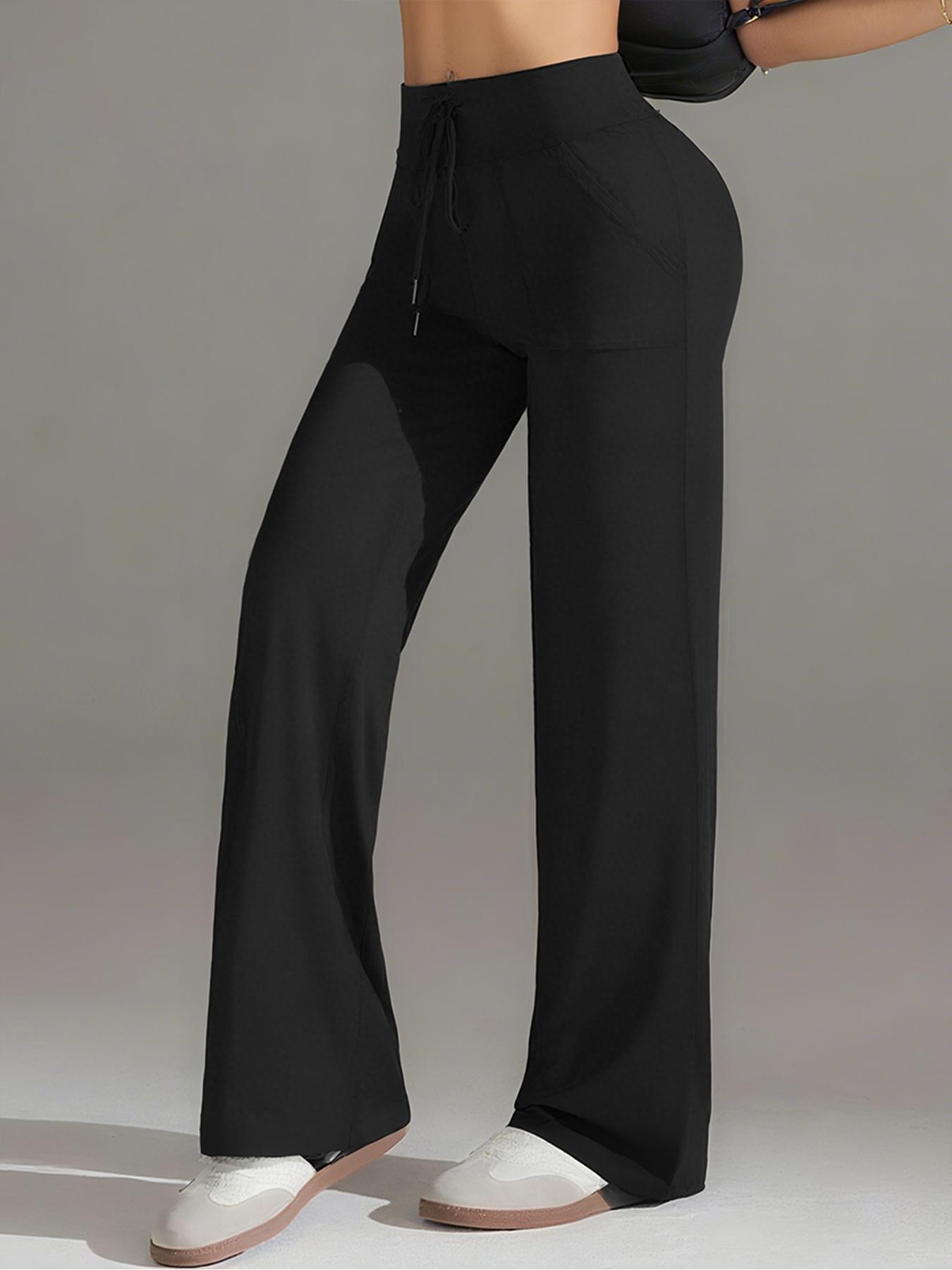 High Waist Drawstring Elastic Casual Pants, Wide Leg Straight Fit Gym Pants, Fall & Winter Long Pants with Pockets, Athleisure Style Bottoms