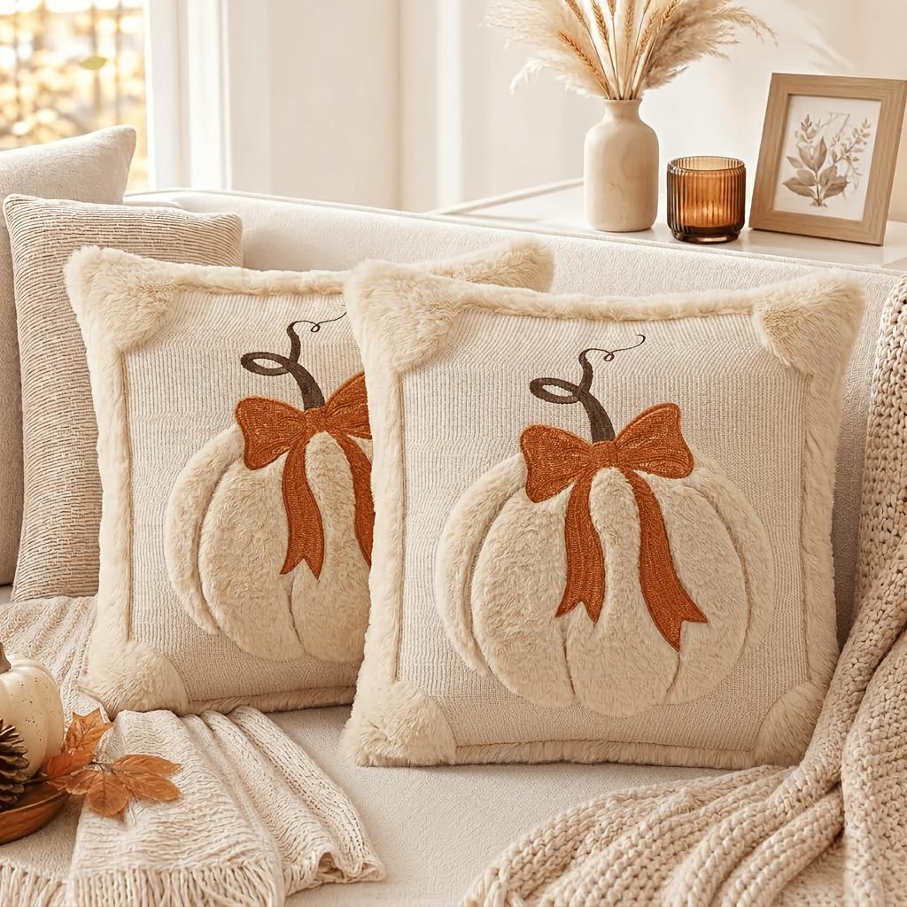 2-Pack 3D Jacquard Cloth Pumpkin Pillow Covers (18in x 18in) - Bow Accent Replacement Cushion Shells for Couch, Living Room Decorations, Fall Farmhouse Indoor Recreation Accents, Replacement Cushion Cover