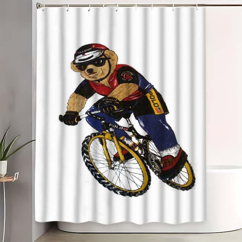 Polo Fashion Bear Shower Curtain Set, Bathroom Decor Accessories with 12 Hooks, Non-Slip Bath Mat and U-Shaped Toilet Lid Cover