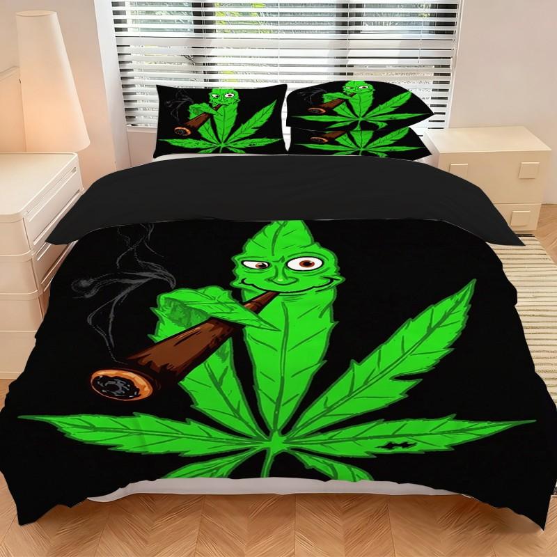 2 or 3 Piece Hemp Leaf Lucky Animal Print Set, Includes 1 Bedspread and 1 or 2 Pillowcases, Soft Bedroom Decor for Kids and Adults