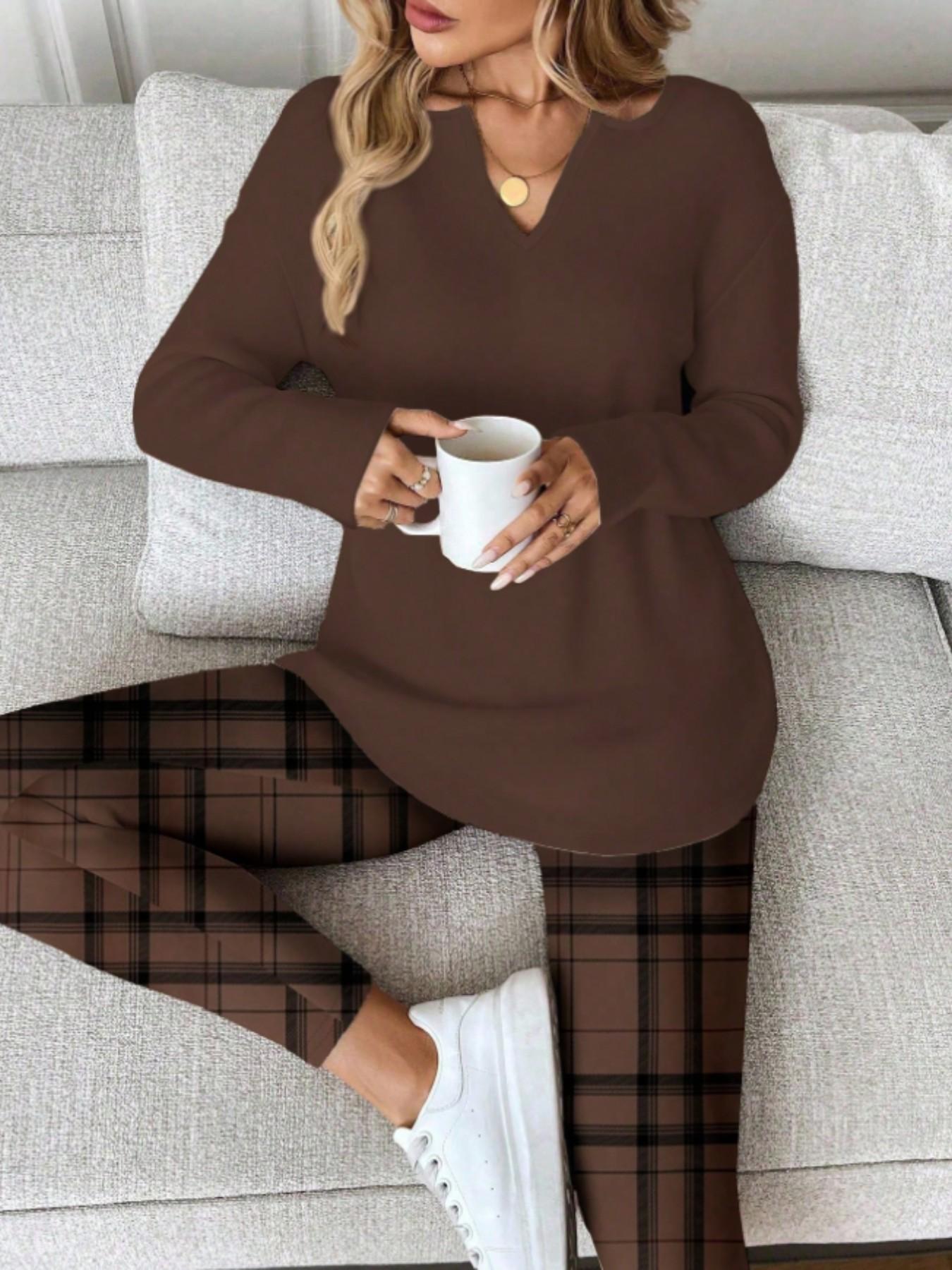 2pcs/Set Women Long Sleeve T-Shirt And Leggings, spring/Autumn/Winter Work From Home Outfit Comfortable Outfits For Women 2 Piece Lounge Sets Woman Lounge Wear Breakfast Outfits For Women
