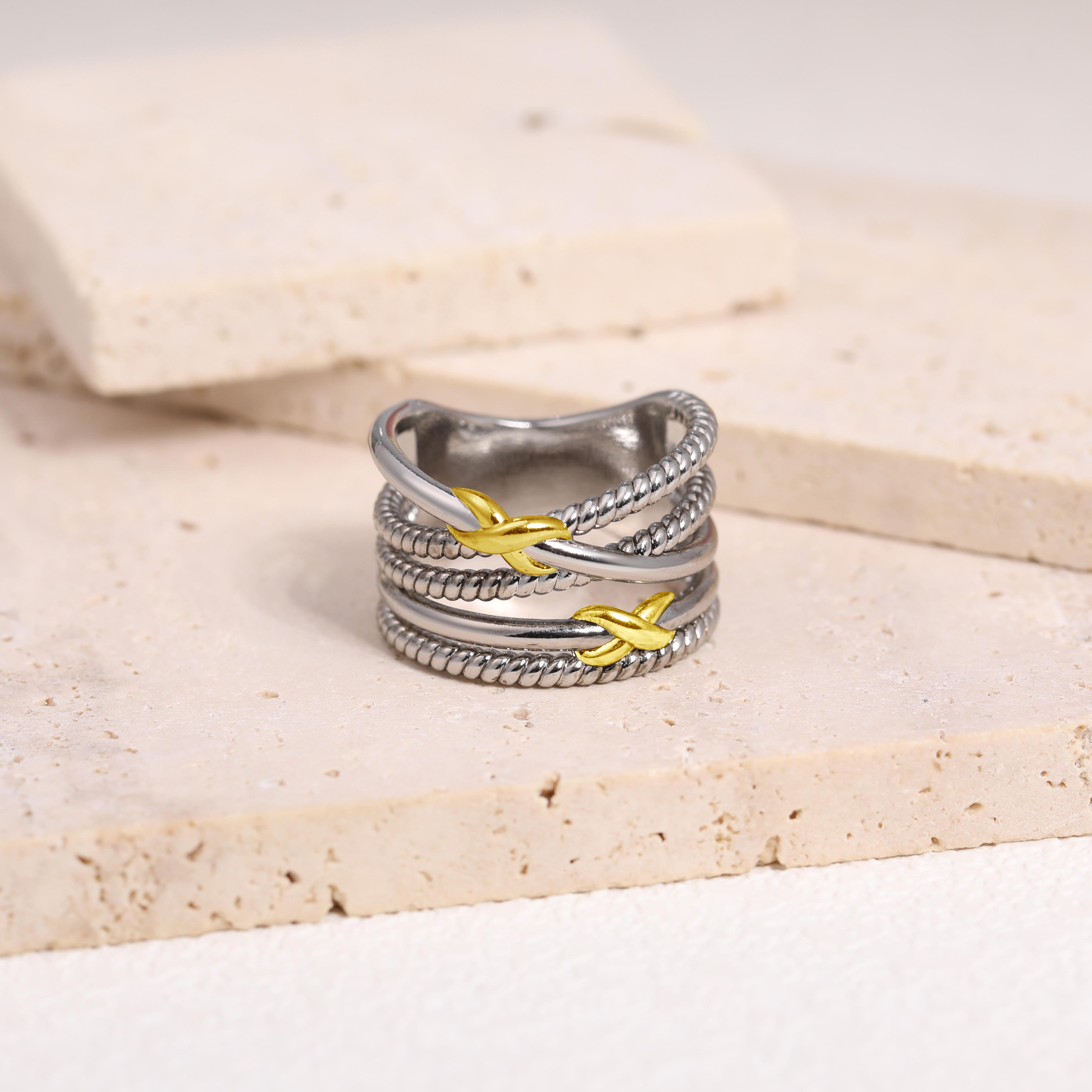 MYTYS Simple Lines Twisted Ring Two Tone Hollow Ring Elegant Heart Design Cable Wire Hollow Rings For Women Trendy Jewelry Beauty Birthday Gift Comfortable To Wear