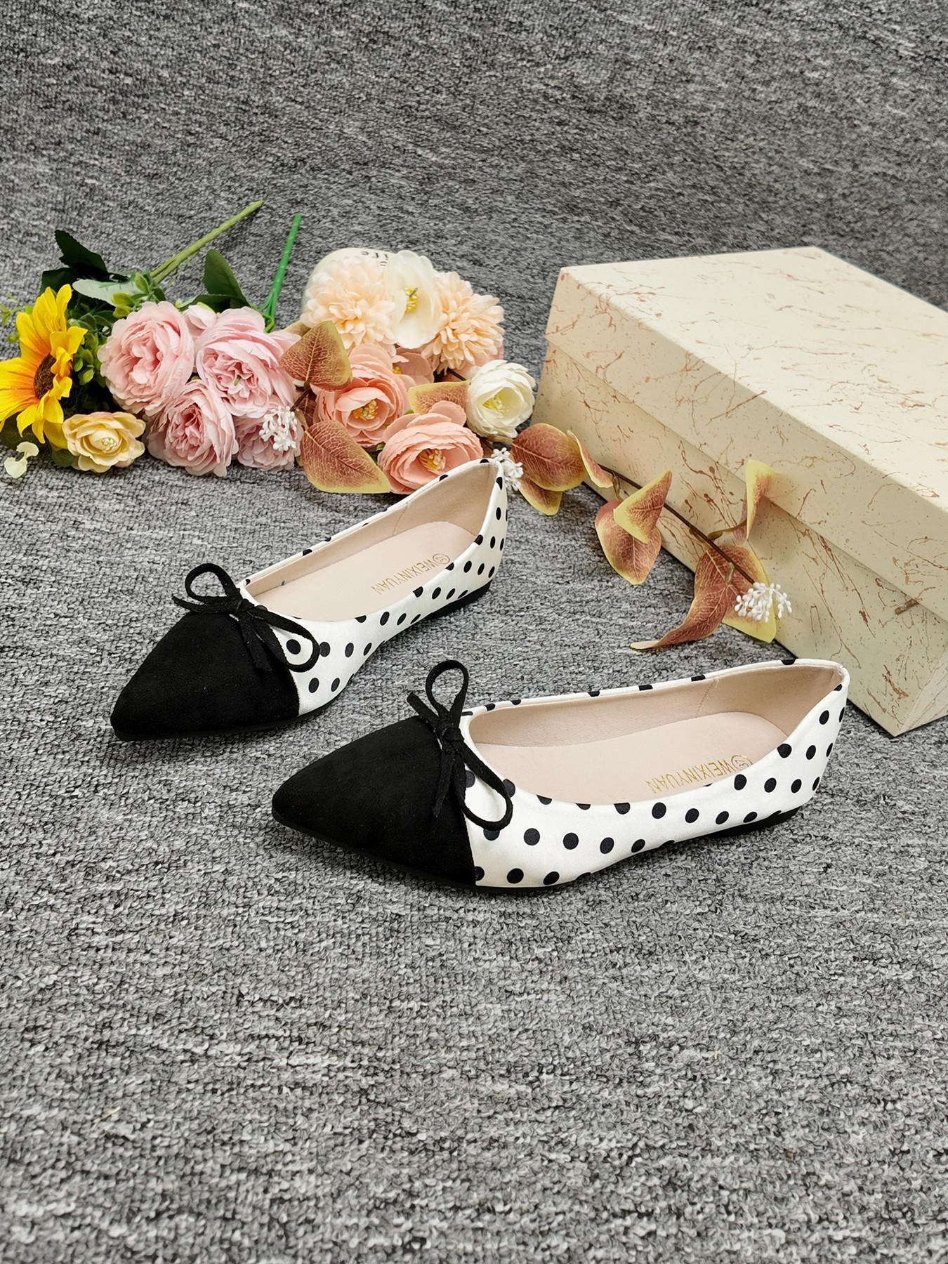 Elegant Polka Dot Colorblock Pointed Toe Shoes, Bow Soft Sole Low Heel Flats, Professional Office Women's Shoes