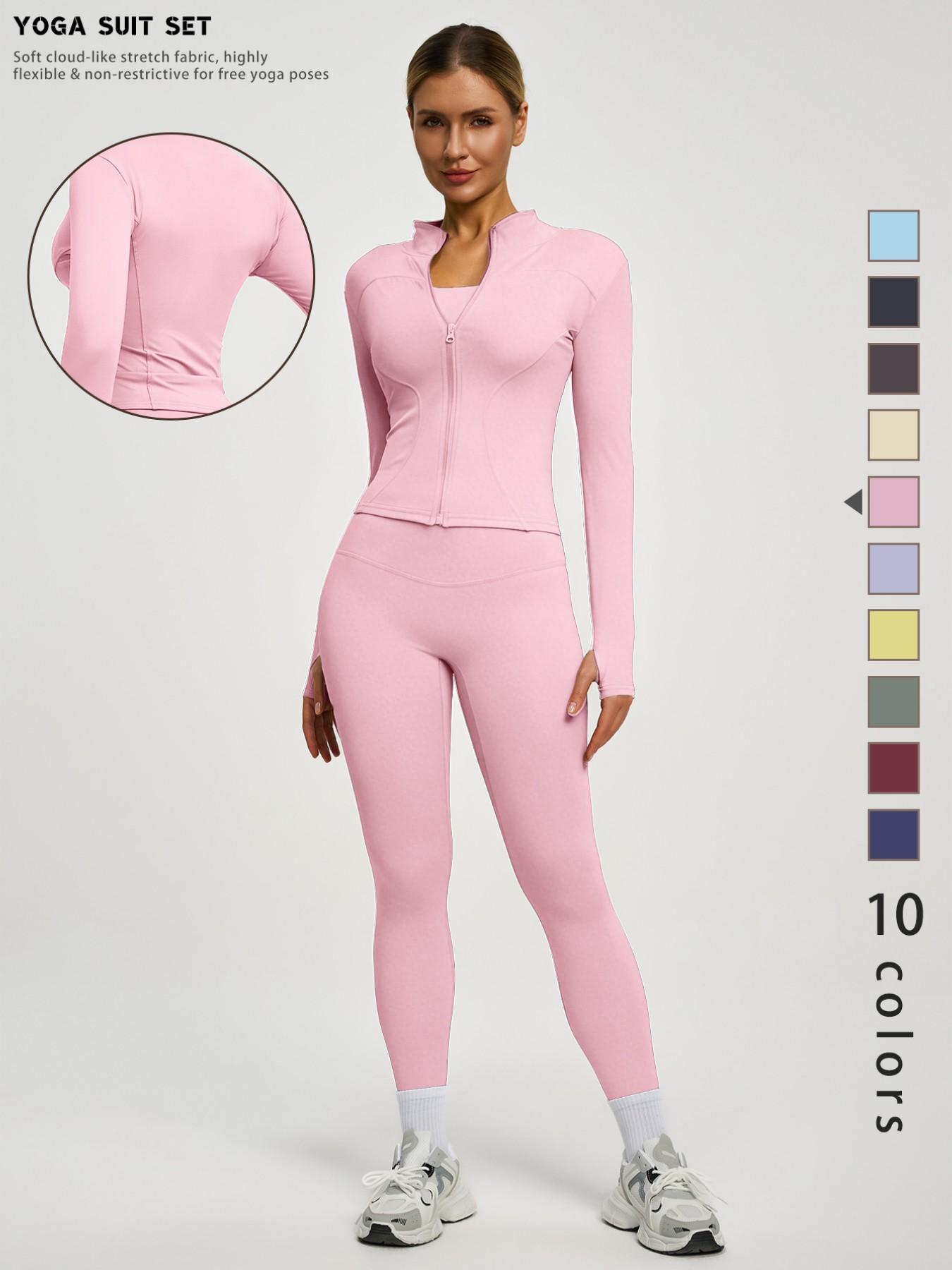 New Women's Solid Color Casual Fashion High-End Long Sleeve Quick-Dry Sports Set, Yoga Essential Jacket, Elastic Tight Yoga Pants, Activewear Clothing