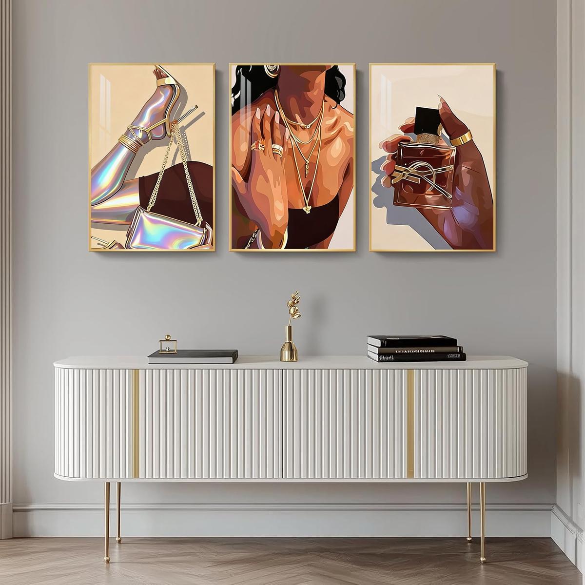 3 Counts Aluminum Alloy Framed Painting, Fashion Woman With Gold Jewelry And Perfume Art Pictures, Home Decoration For Living Room, Bedroom, Office, Restaurant, Hallway Wall Decor, Odorless Print Artwork, Luxury Perfect Gift For Friends And Family