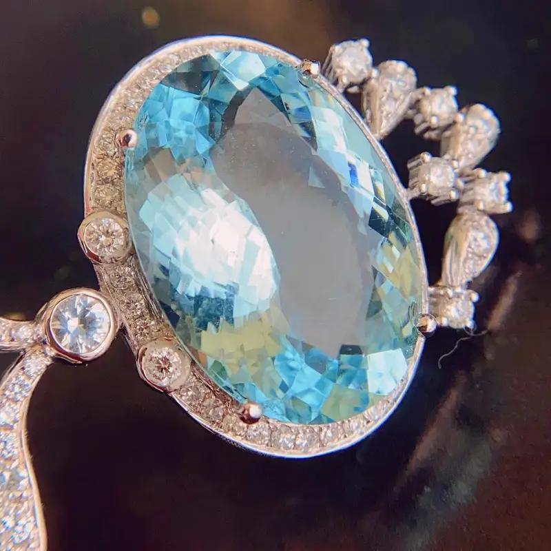 Temperament Elliptical Pigeon Egg Sea Blue Synthetic Zircon Plated Platinum Clavicle Chain Pendant Necklace Women's Jewelry