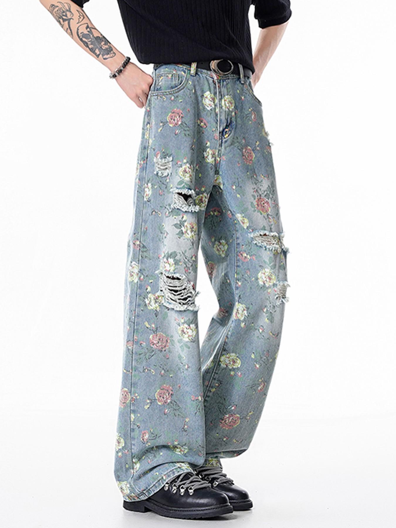 Men’s Light Blue Floral Print Baggy Jeans with Distressed Ripped Details, Wide Leg Y2K Streetwear Denim Pants