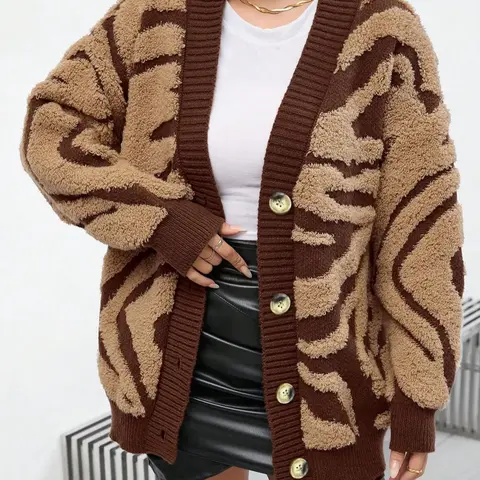Women's Colorblock Jacquard Button Front Fuzzy Cardigan, Casual Chic Drop Shoulder Long Sleeve V Neck Sweater Cardigan for Fall & Winter, Women's Knit Clothing for Daily Wear