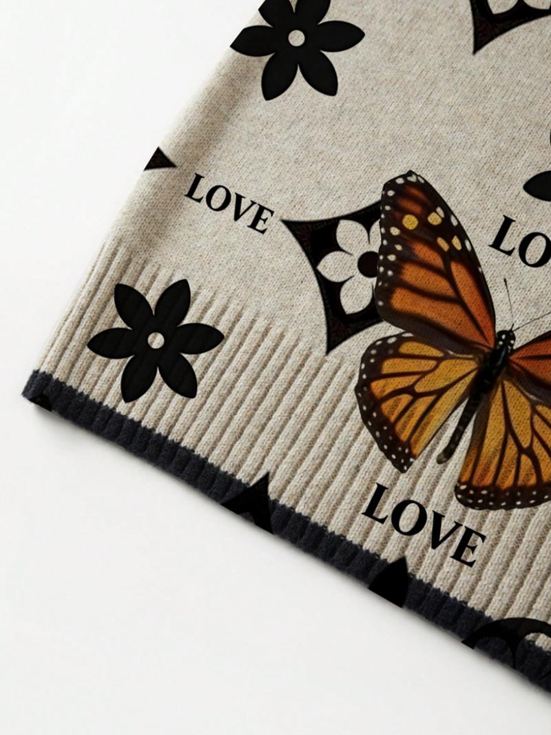 Geometric Butterfly Print Round Neck Sweater, Casual Short Sleeve Knitwear for Spring Summer Fall, Comfortable Warm Women's Clothing