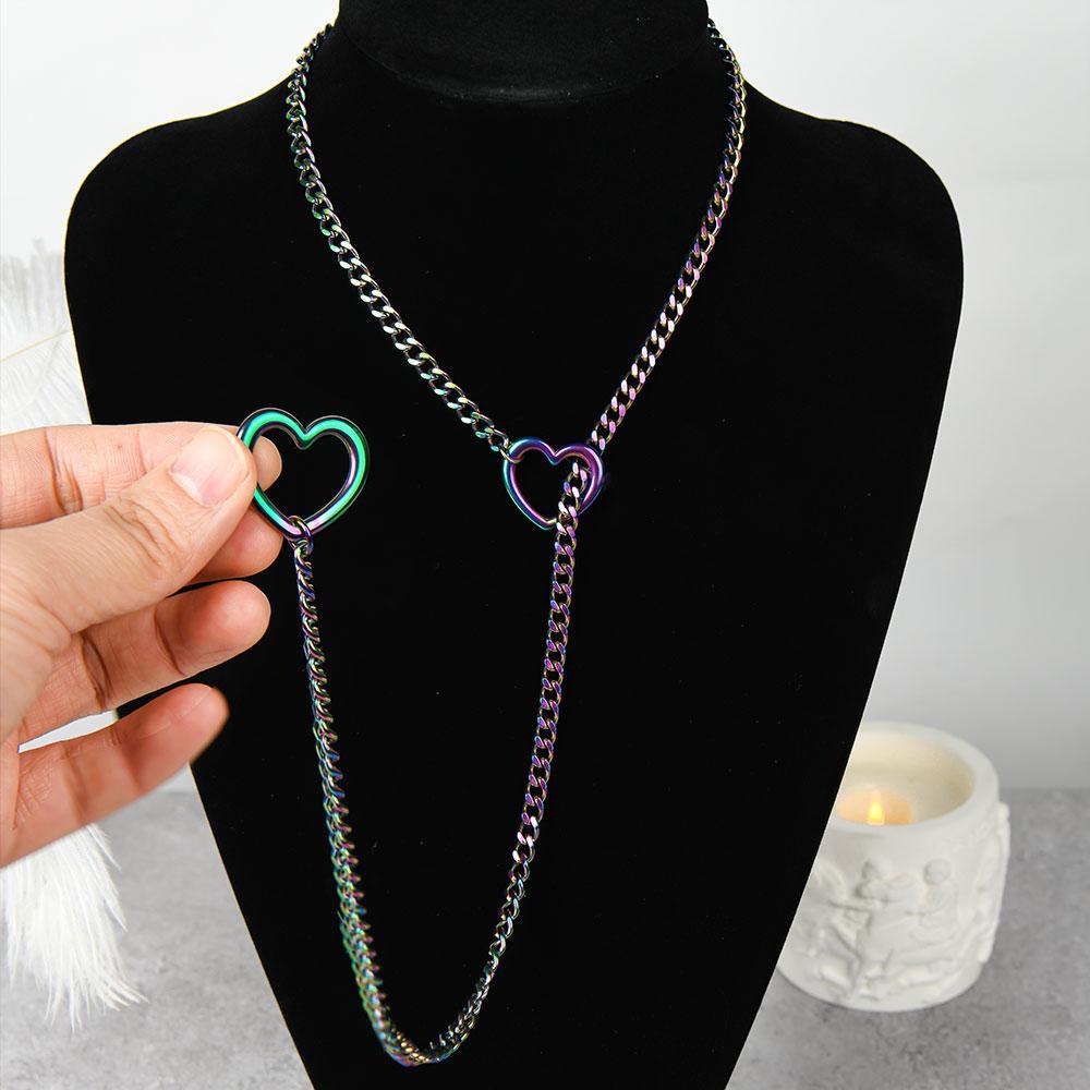 Heart & O Shape Slider Chain Necklace for Women, Punk Rock Style Cuban Link Long Y Lariat Necklace, Adjustable Sliding Design, Unique Elegant Jewelry, Perfect for Daily Wear & Gift Giving