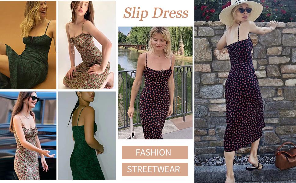 JovenPara Women's Floral Dress Low-Cut Square Neck Spaghetti Strap Tie Bodycorn 90s Y2k Sun Dresses Springfresh Casual Wear Women's Slip Summer Dress with Adjustable Straps & Elastic Neckline Vintage Sleeveless