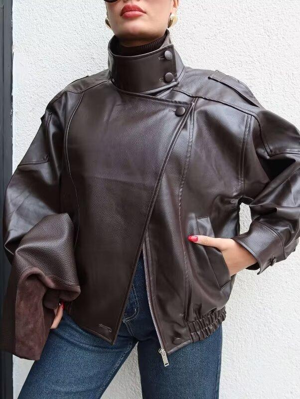 Faux Leather Stand Collar Oversized Moto Jacket, Elastic Hem Motorcycle Streetwear, Casual Long Sleeve Water- and Wind-Resistant Outerwear for Spring & Fall, Ladies Clothes for Daily Wear, Chic Outerwear, Coats