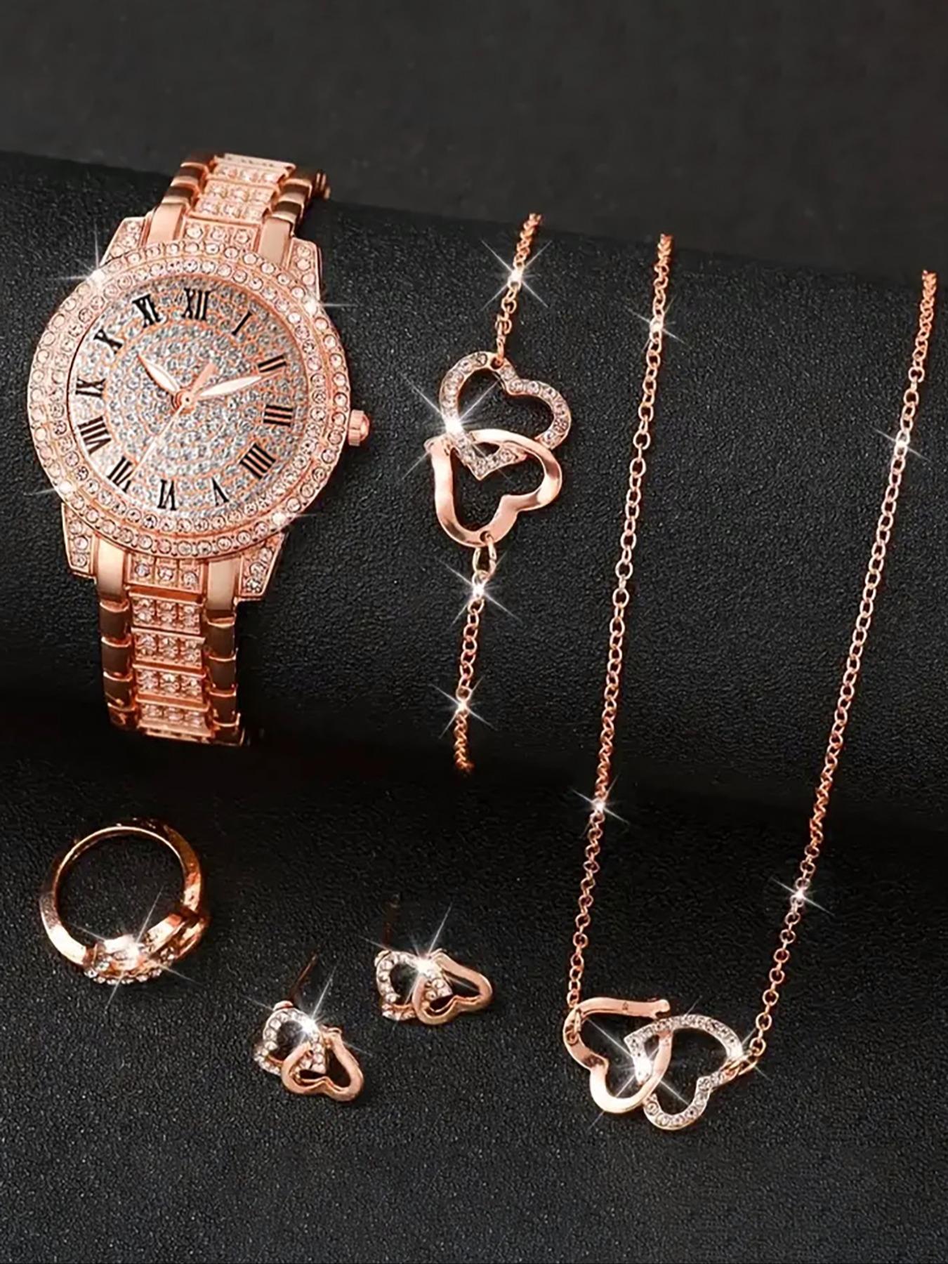 Women's Elegant Fashion Watch & Jewelry Set, Round Dial Analog Quartz Watch & Bracelet & Necklace & Ring & Earrings, Exquisite Watch Set with Box, Fashionable Jewelry Set