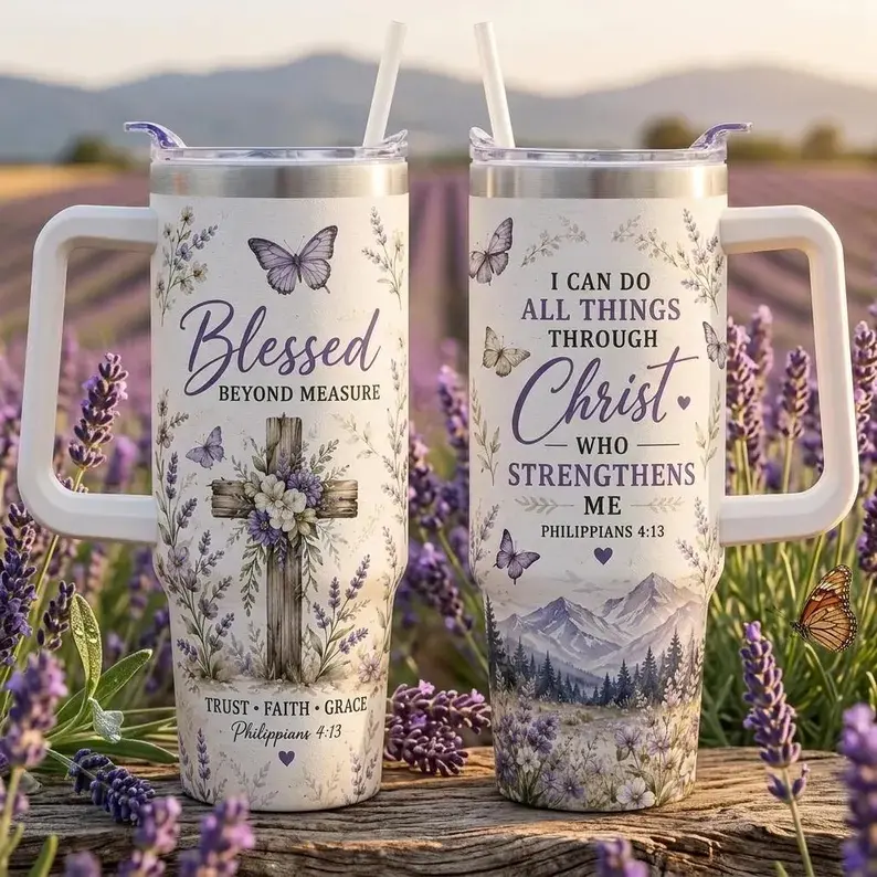 Christian Butterfly 40oz Tumbler With Handle, Philippians 4:13 Faith Tumbler, Blessed Scripture Travel Mug, Floral Purple Bible Verse Cup
