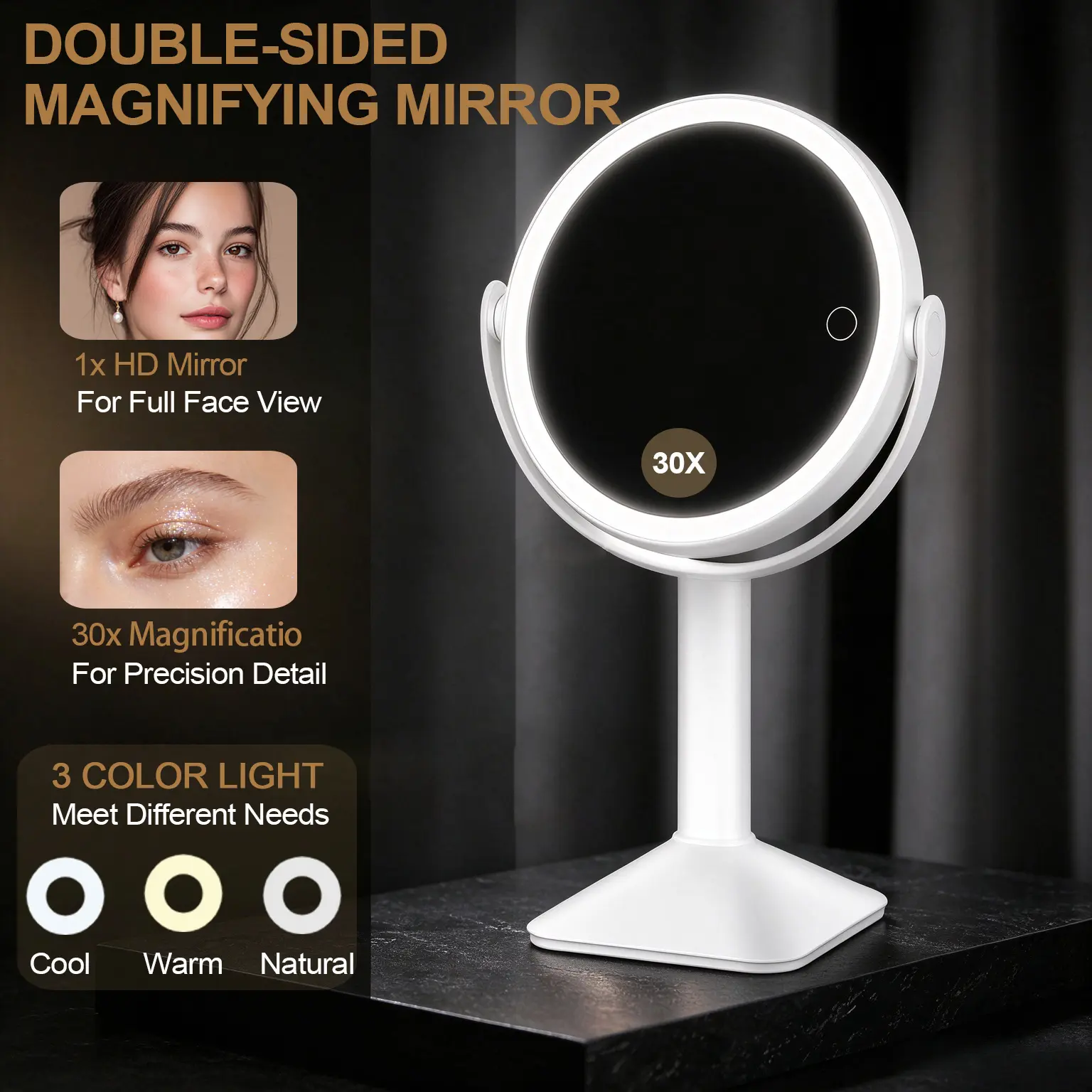 1x/30x Magnifying Makeup Mirror with lights, 2600 mAh Rechargeable Double Sided Vanity Mirror with 3 color light, 360° Rotation, Brightness Adjustable Magnification Cosmetic Light up Mirror with Tweezer, Halloween Gift for Women, Birthday Gift