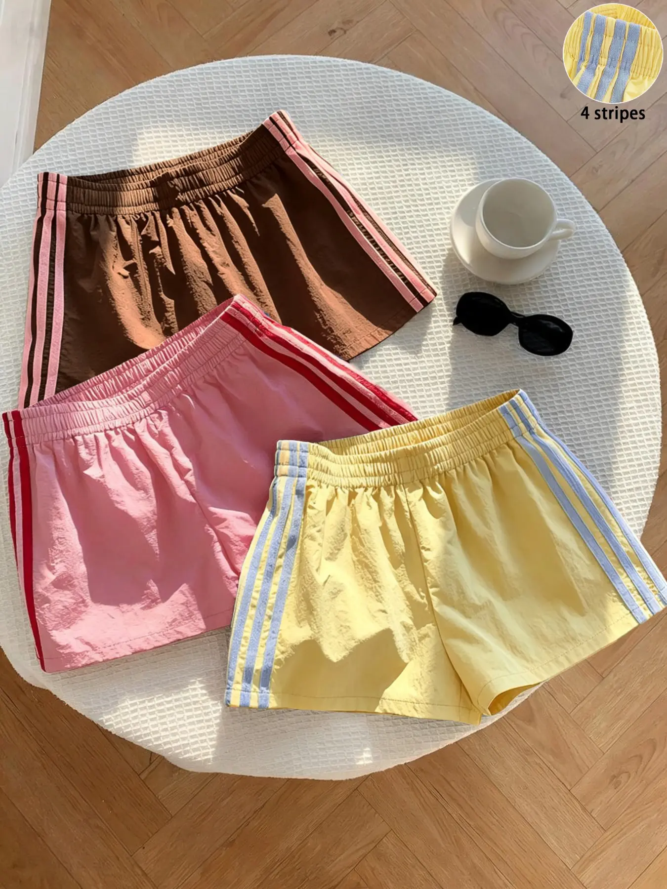 3 Pieces, Y2K Women's American Retro Color-Block Four-Stripe Loose Casual Shorts, Elastic Waist Sports Hot Pants, Suitable For Summer Daily Home Commute Date Vacation Outfits
